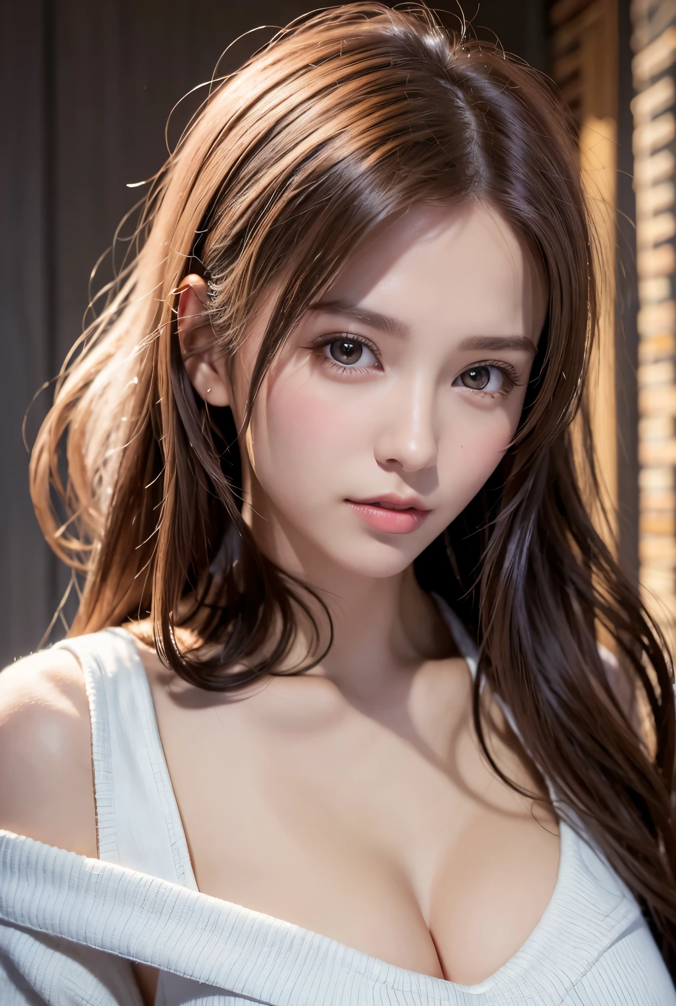 8K, of the highest quality, masutepiece:1.2), (Realistic, Photorealsitic:1.37), of the highest quality, masutepiece, Beautiful young woman, Pensive expression,、A charming、and an inviting look, Oversized knitwear、cleavage of the breast, Hair tied back, Cinematic background, Light skin tone