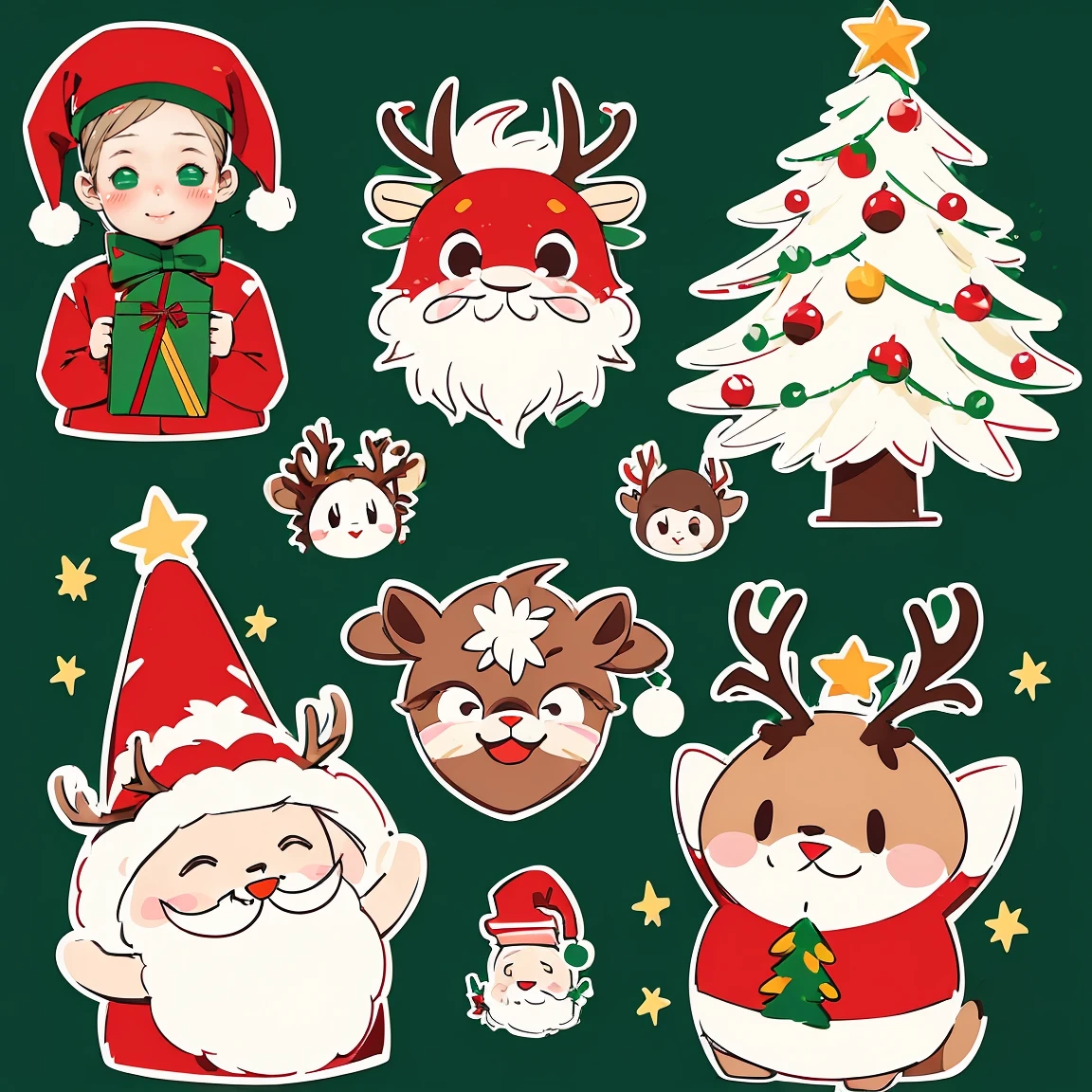 (sticker pack:1.3), (best quality, masterpiece), christmas tree, christmas ornaments, reindeer, santa claus, cartoon style, clean lines, bright colors, vibrant, christmas theme