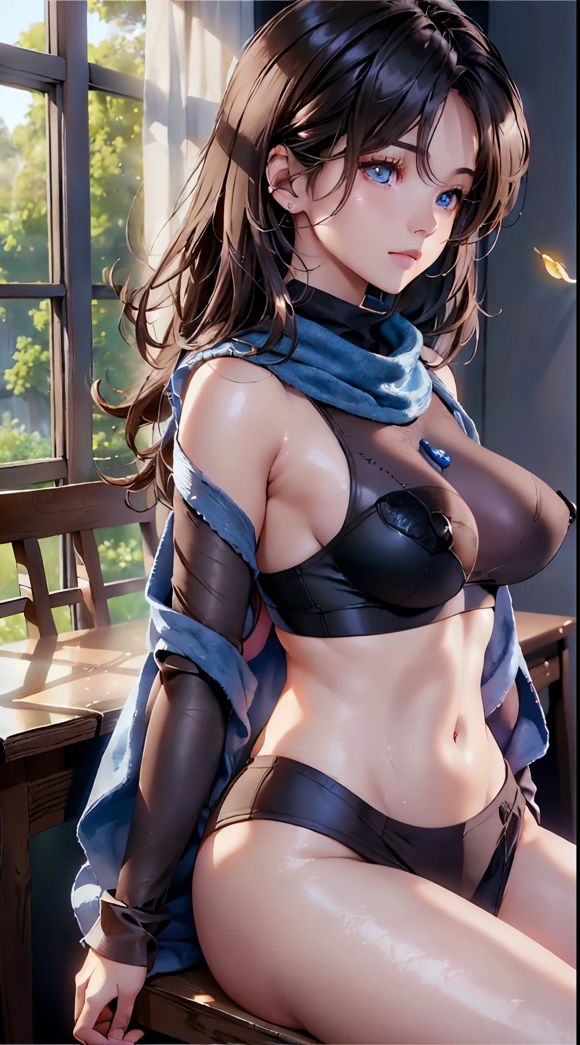 quality、image quality、tmasterpiece、girl vs.((Cute little turtle、18yr old、best bust、medium chest circumference、Bust 85,beautiful blue eyes open,cabelos preto e longos、The slender one、middle knot、Black sports bra、,Reflecting the whole body、Sweated、wrap towel around neck、Lie on a bench、Enraptured face))高quality、beautiful art、Background with((club、sobu、The natural world)),On a table、Well designed、visual art、depth of fields、The best lighting、The most detailed、8k,Super refined