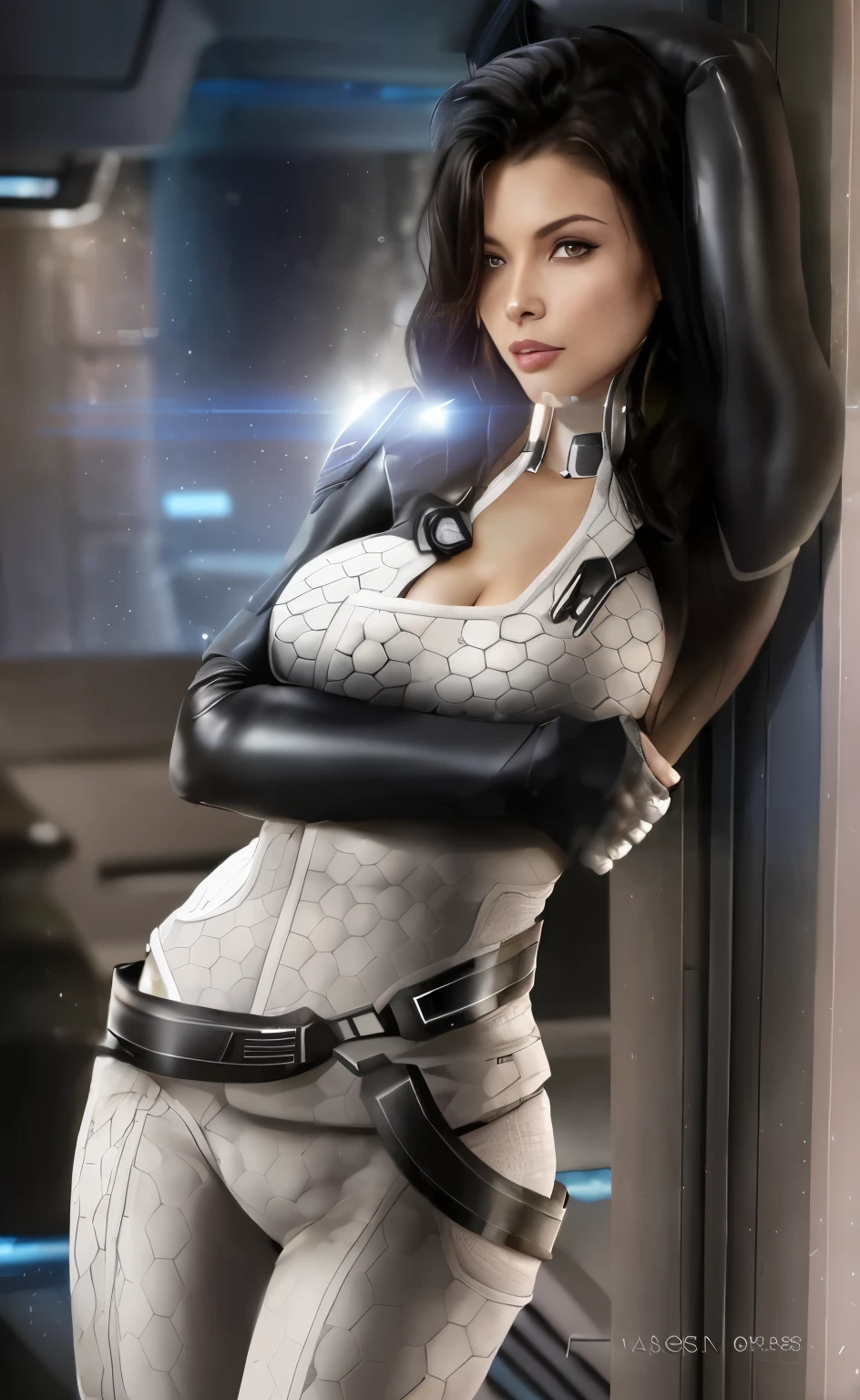 (best quality,8k:1.2,high resolution:1.2),ultra-detalhado,Realistic,retro science female,21 YEARS OLD,long hair,rosto extremamente detalhados,long eyelashes,all transparent latex white leotard Apertado,all light pantyhose, gloves,Glossy metalic accessories,Physically-based rendering,sharp focus,studio lighting