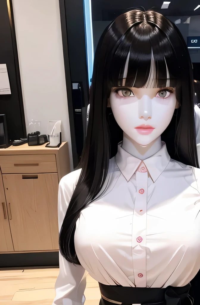 ラジオの前にしゃがむMannequin(Beautuful Women Mannequin is 30 years old Mannequinの身長は165cmです. Mannequinの色'my face is white. Mannequinの色 body is pure white Mannequin has black hair(Shoulder-length straight hair bangss) Mannequin has a thin and long face Mannequinの色'lips are light pink. Mannequin'Eye color is black Mannequinはシャツを着ています)