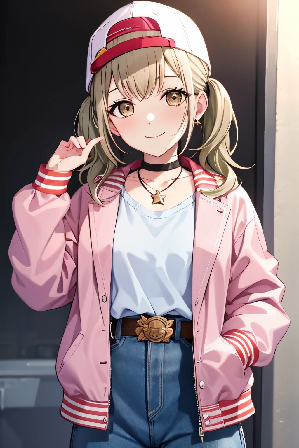 kohane3rd, looking at viewer, smile, shirt, long sleeves, hat, twintails, jewelry, closed mouth, jacket, upper body, open clothes, choker, belt, pants, medium hair, necklace, star (symbol), open jacket, white headwear, denim, short twintails, clothes writing, baseball cap, grey shirt, red jacket, pink jacket, white belt, backwards hat, letterman jacket