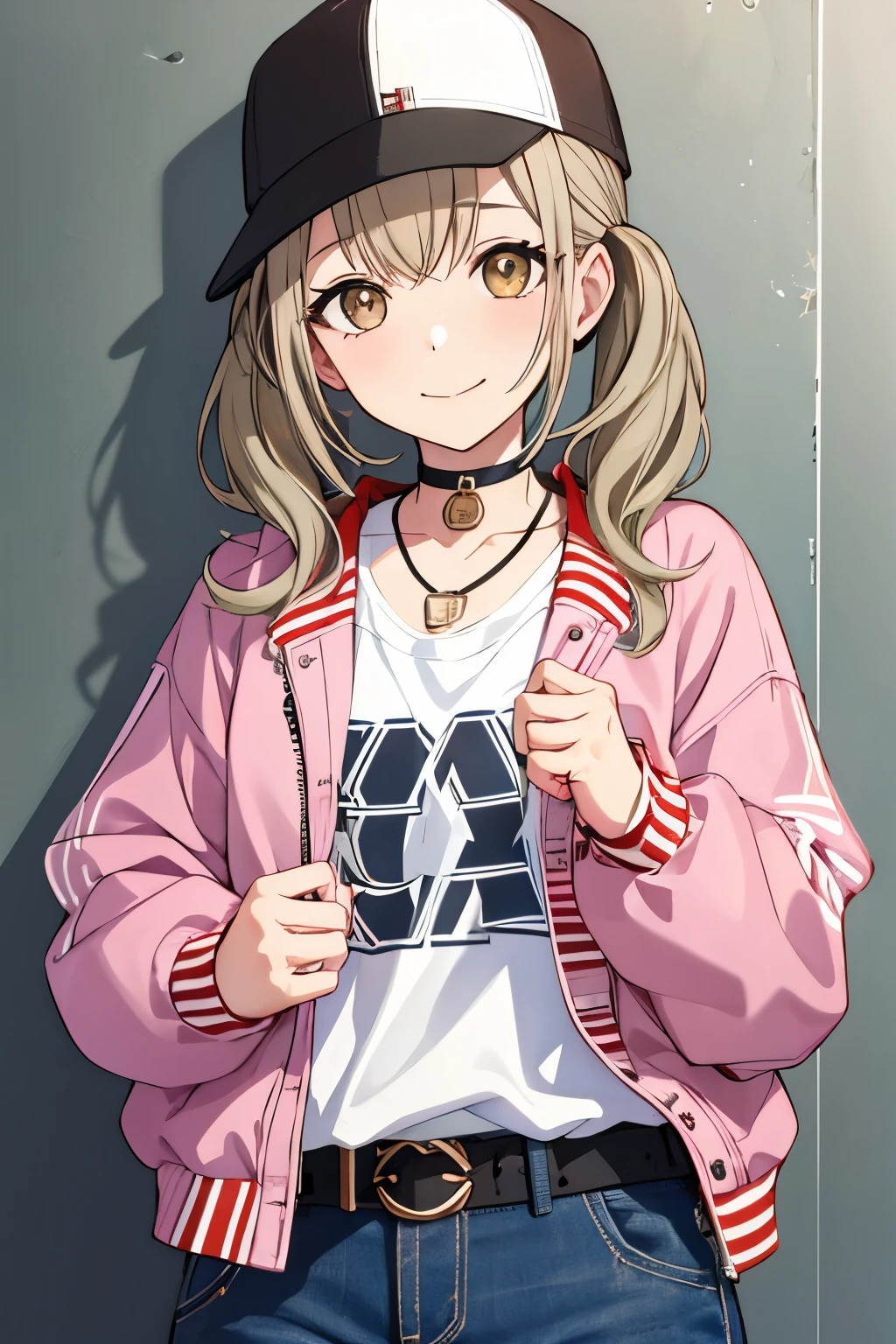 kohane3rd, looking at viewer, smile, shirt, long sleeves, hat, twintails, jewelry, closed mouth, jacket, upper body, open clothes, choker, belt, pants, medium hair, necklace, star (symbol), open jacket, white headwear, denim, short twintails, clothes writing, baseball cap, grey shirt, red jacket, pink jacket, white belt, backwards hat, letterman jacket