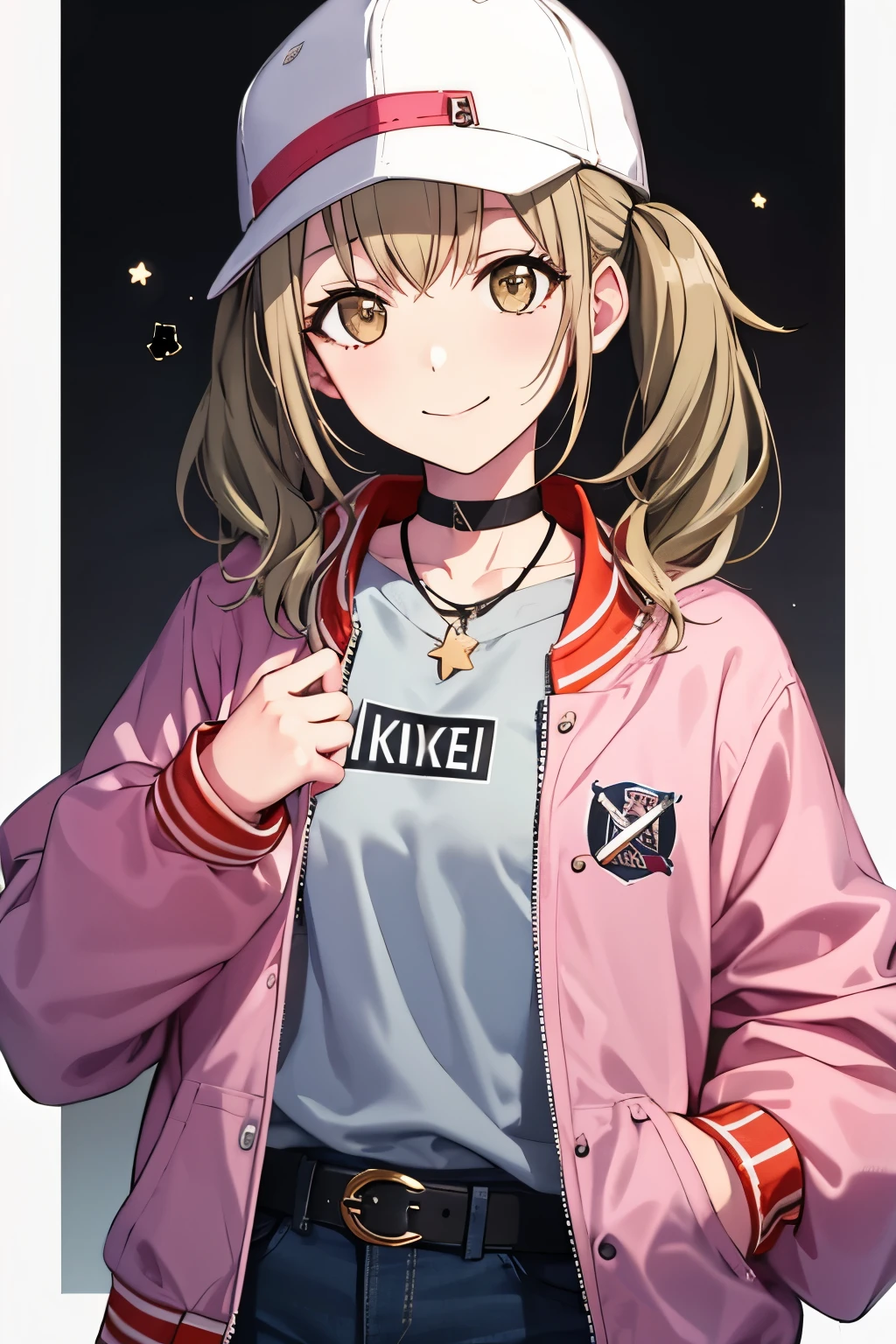 kohane3rd, looking at viewer, smile, shirt, long sleeves, hat, twintails, jewelry, closed mouth, jacket, upper body, open clothes, choker, belt, pants, medium hair, necklace, star (symbol), open jacket, white headwear, denim, short twintails, clothes writing, baseball cap, grey shirt, red jacket, pink jacket, white belt, backwards hat, letterman jacket