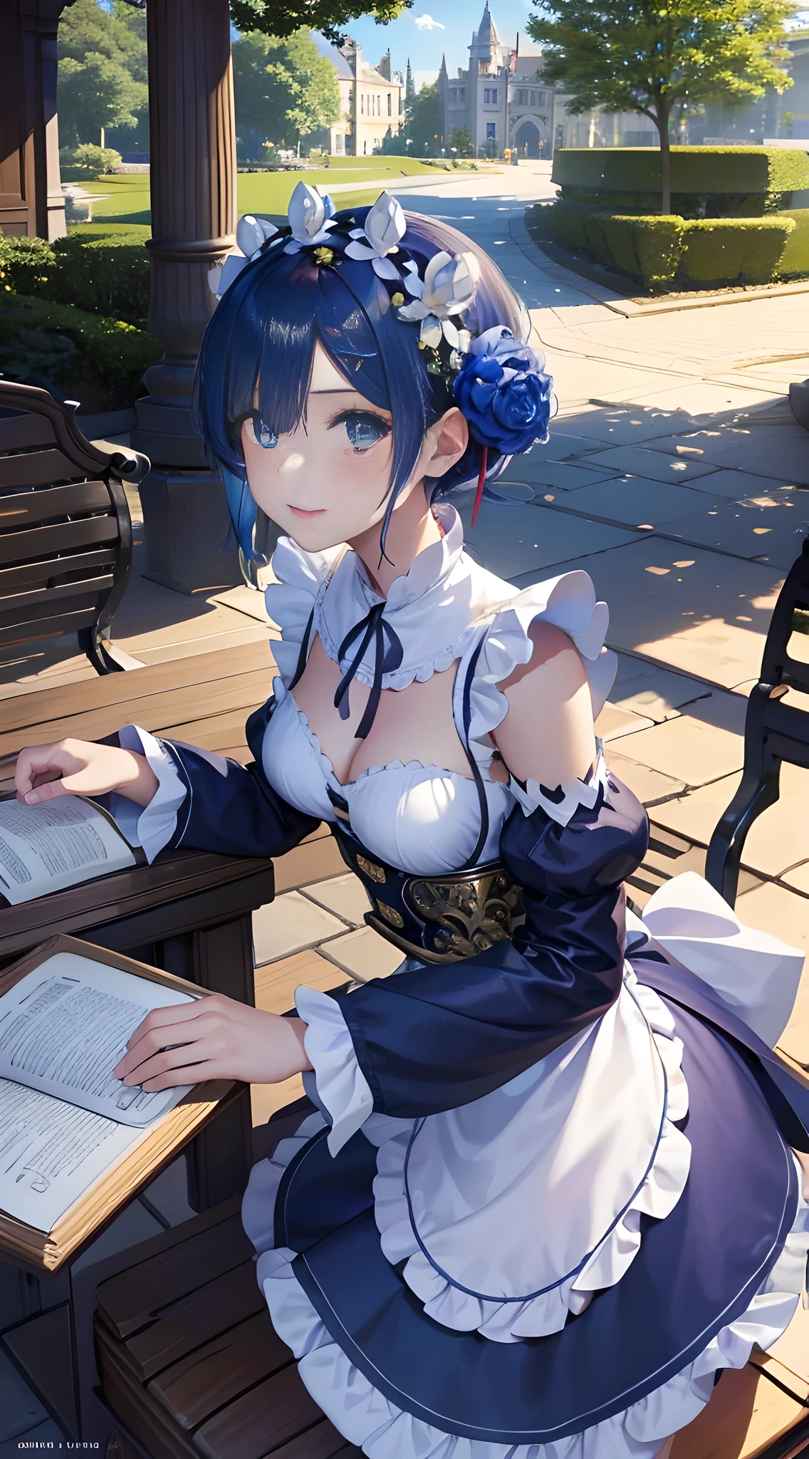 tmasterpiece，Best quality，exquisite and beautiful eyes，girl，Blue hair，the maid outfit，Wearing Gorgeous Costume，manor，tropical garden，ornate backdrop，the benches，rays of sunshine，light wind。