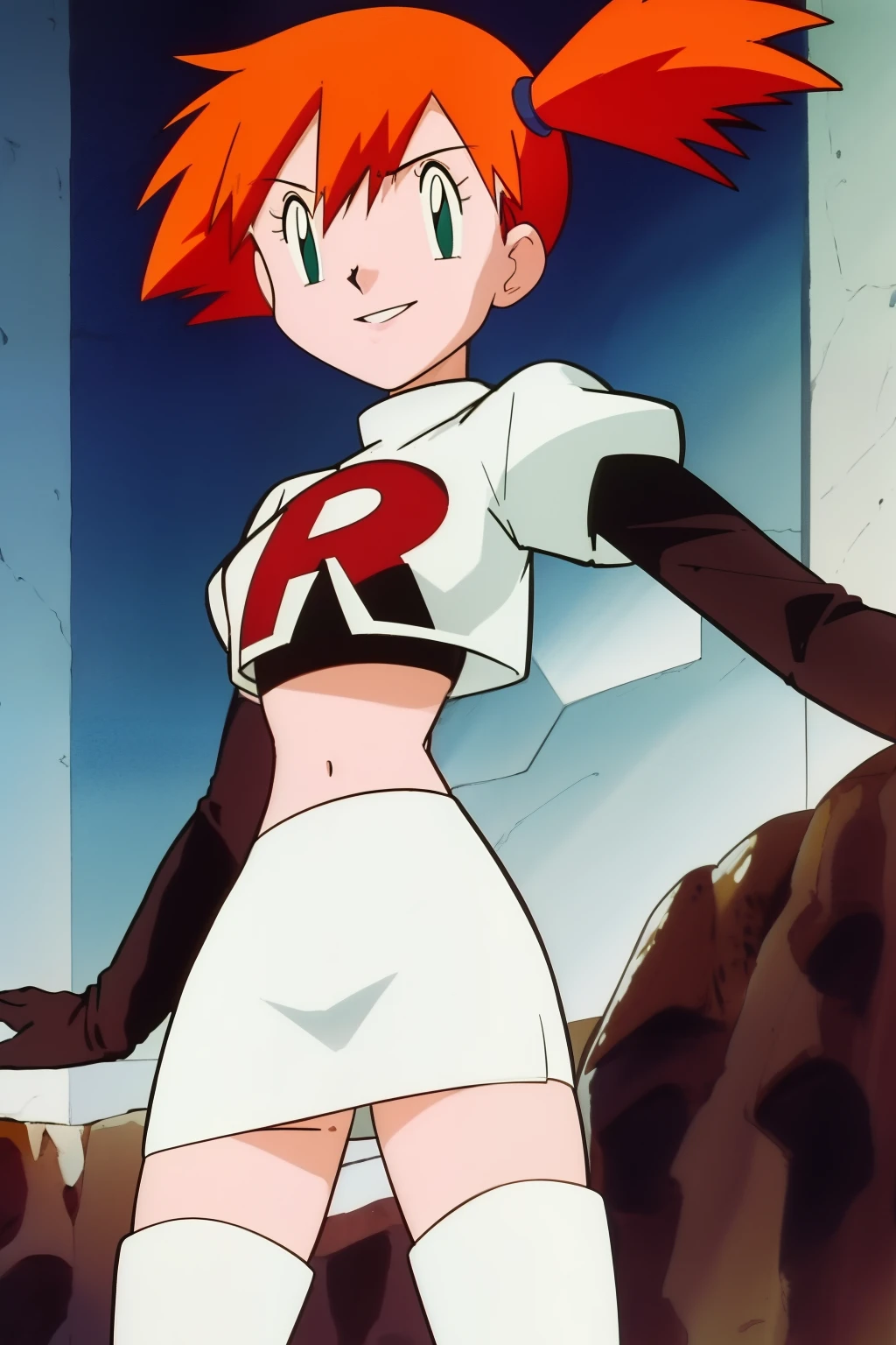 misty (pokemon), 1girl, solo, side ponytail, orange hair, glossy lips ,team rocket uniform, red letter R, white skirt,white crop top,black thigh-high boots, black elbow gloves, evil smile, looking at viewer, cowboy shot