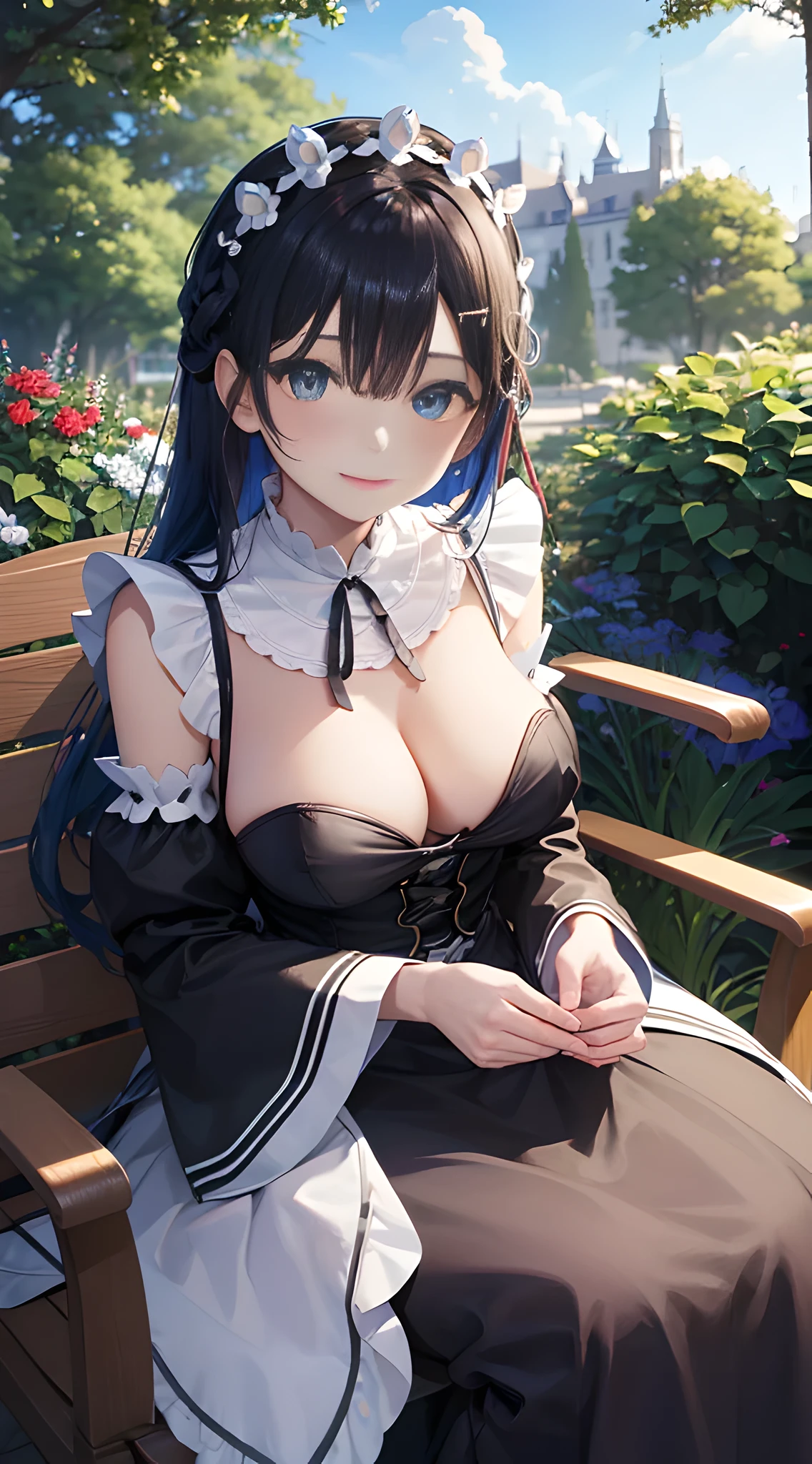 tmasterpiece,Best quality,exquisite and beautiful eyes,girl,Blue hair,the maid outfit,Wearing Gorgeous Costume,beautiful hair ornaments,manor,tropical garden,ornate backdrop,the benches,rays of sunshine,light wind。
