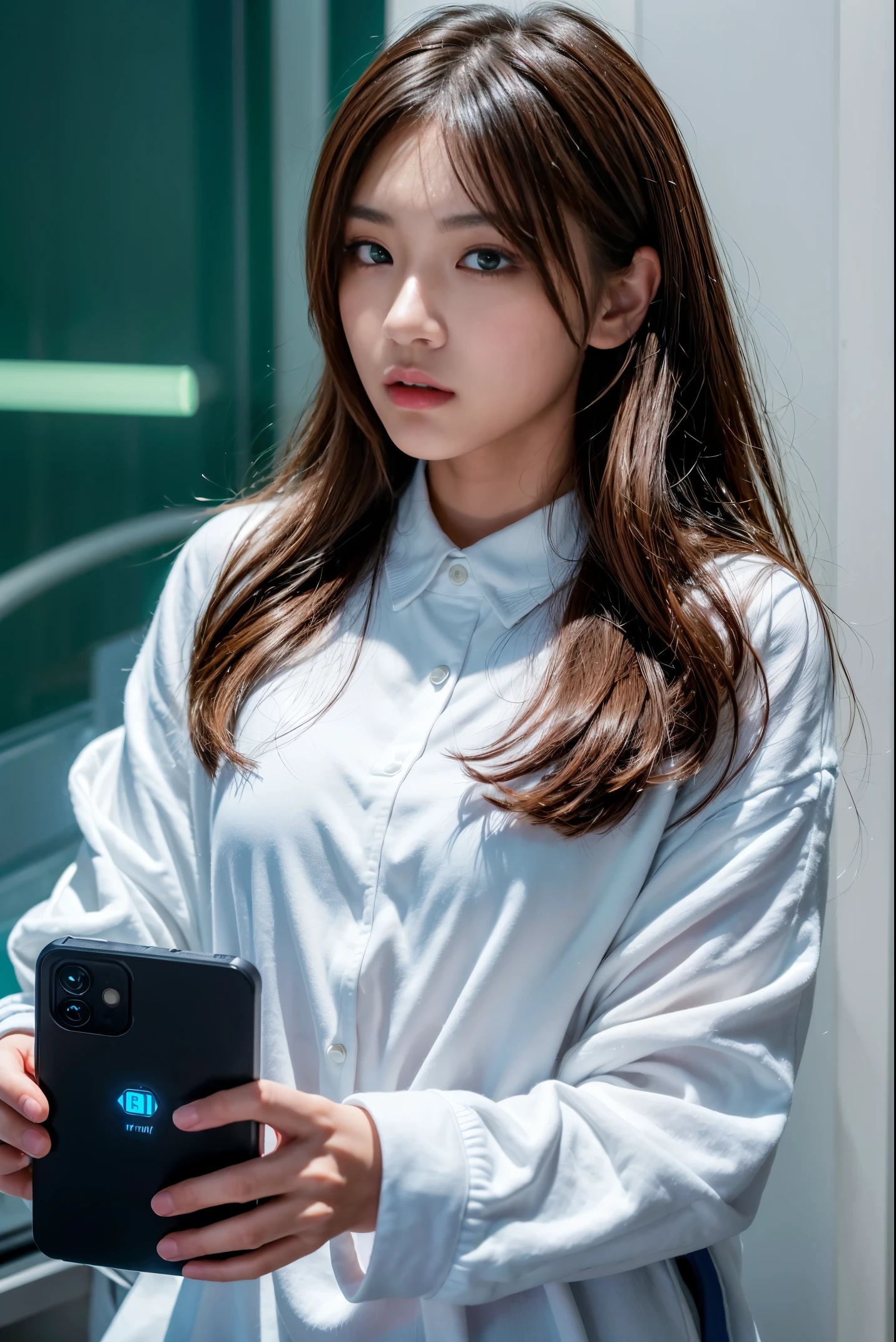 a 20-year-old teenage Asian super model, brown hair, in modern corporate clothing, contrast and isolated to screen, emphasizing a power bank, vivid green screen. Focus on model's eye contact and power bank, intricate detailed. Enhance with white key light & blue fill light, ((remove #00ff00, shade, lighting, shadow, reflection, hi-light, chroma on model)). 8k, 3D render, 900 ppi, Ray Tracing, Octane Render, vivid mood&tone, color correction.(-unrealistic, -#00ff00)