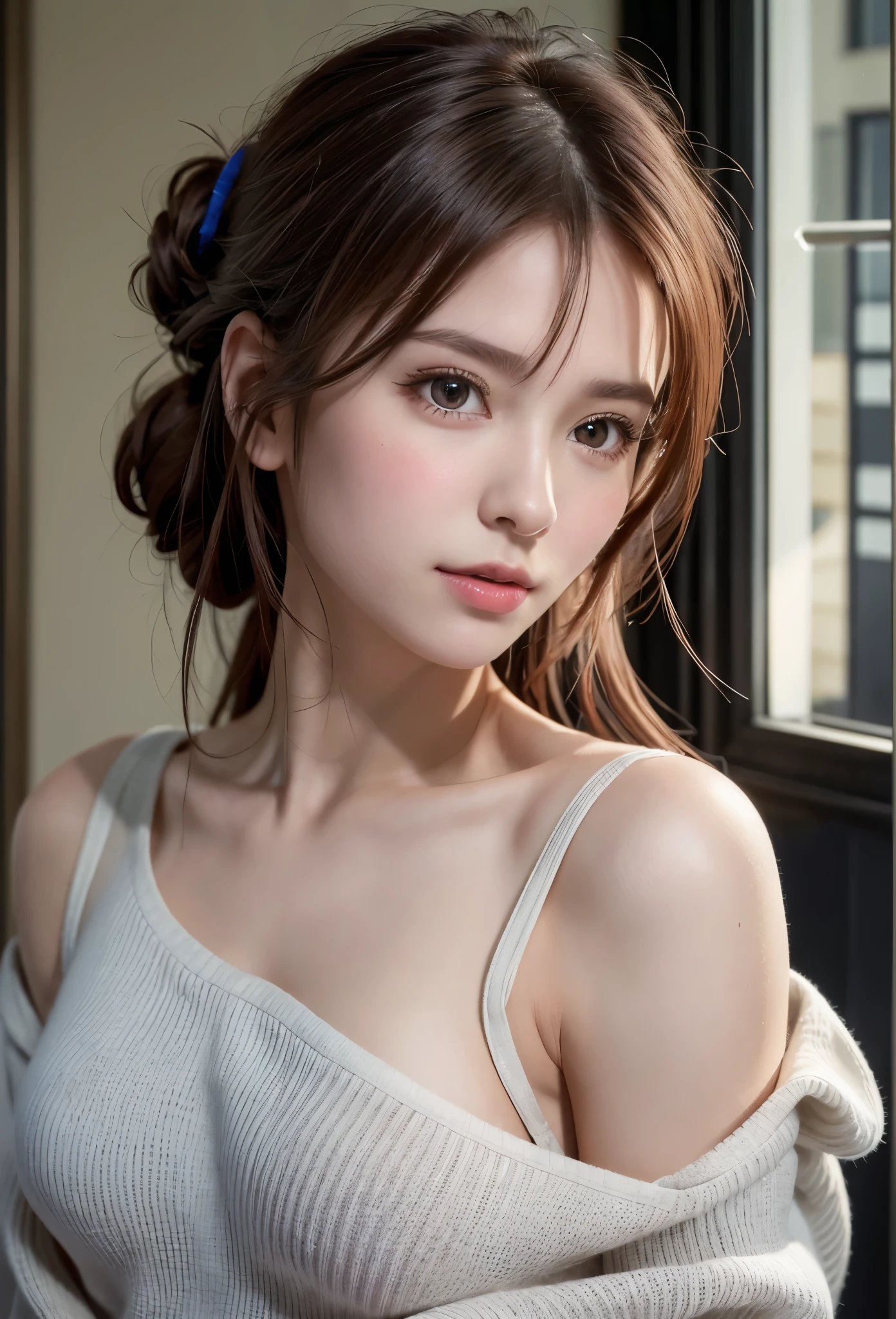 8K, of the highest quality, masutepiece:1.2), (Realistic, Photorealsitic:1.37), of the highest quality, masutepiece, Beautiful young woman, Pensive expression,、A charming、and an inviting look, Oversized knitwear、cleavage of the breast, Hair tied back, Cinematic background, Light skin tone