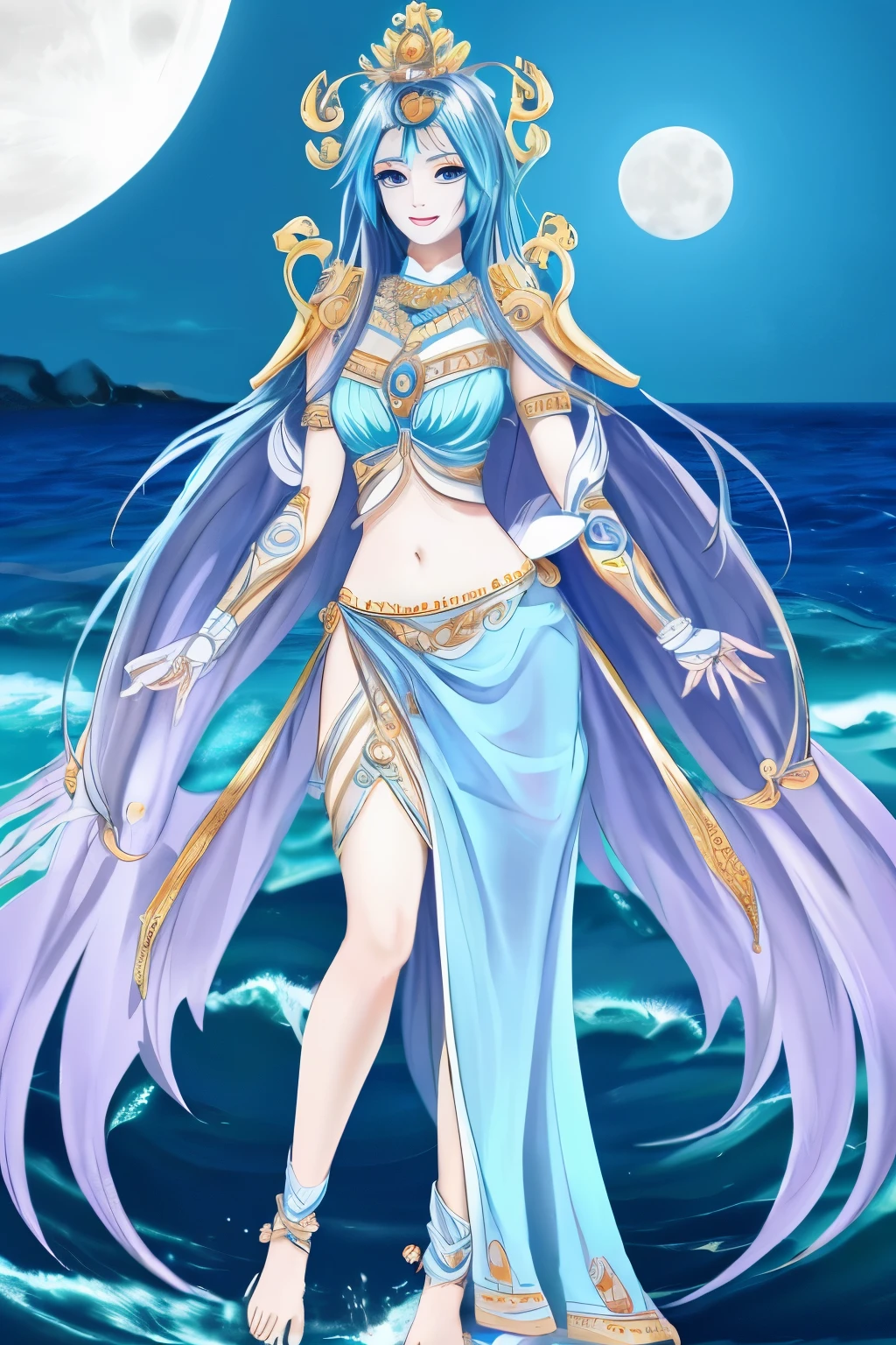 extremely detailed eyes and face perfect anatomy blue goddess anime fantasy sea moon full body smile