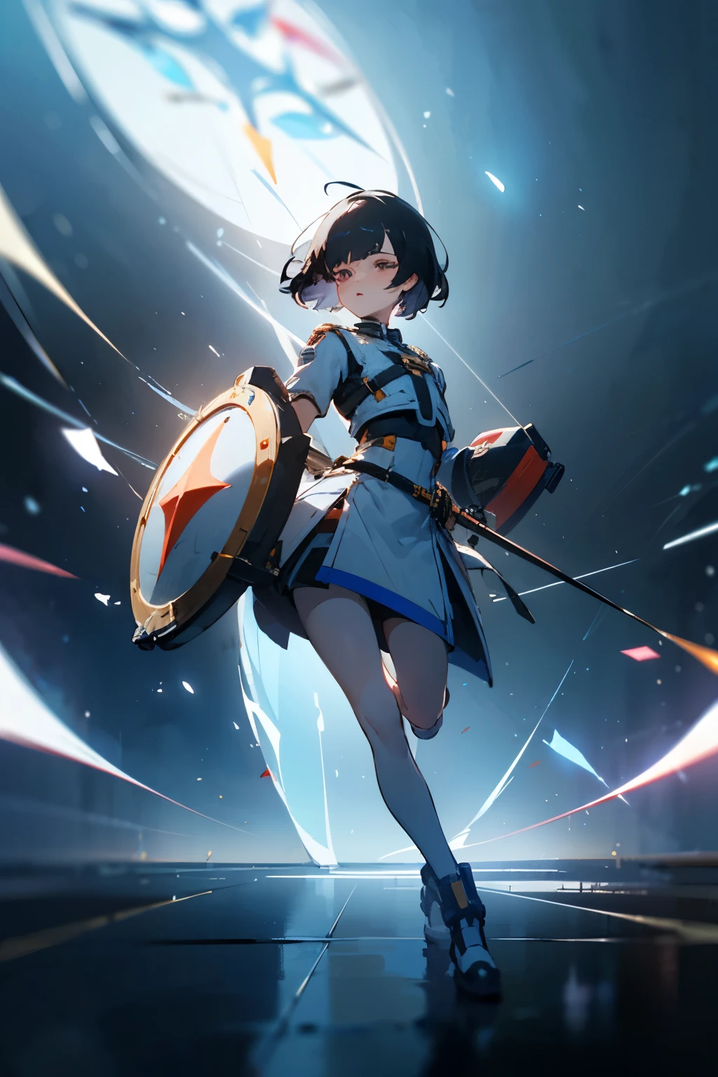 extra very short hair, (Blind box toy style:1.2), (Full body photo) , 1 Transparent girl,Hair Very Short, transparent me, Shield in hand:1.2, Clothing is more American style:1.2, dreamy glow, glowing neon lights, Clean, white backgrounid, ( globalillumination, ray traycing, HighDynamicRange, unreal render,Reasonable design, High level of detail, tmasterpiece, Best quality at best, hyper HD, Cinema lighting)