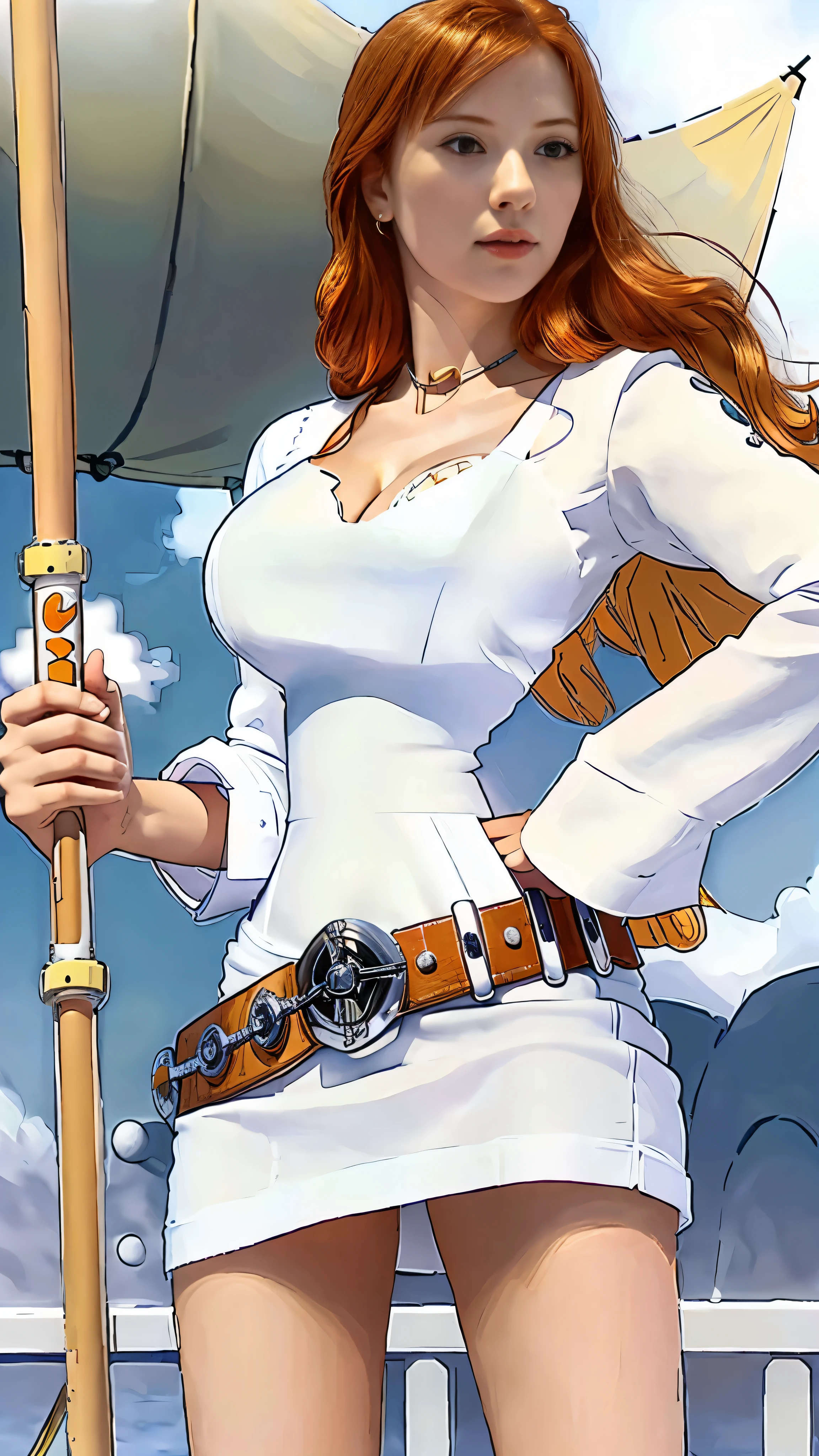 (((masterpiece+best quality+high resolution+ultra-detailed))), 1girl with clima-tact, Nami, long silky orange hair, high nose, sharp eyes, noble and inviolable temperament, (([female]: 1.2 + [beauty]: 1.2 + orange long hair: 1.2)), pirate ship background, blue sky, clouds, bracelets, white long sleeve mini dress and donned another belt, bright eyes, dynamic angle and posture.