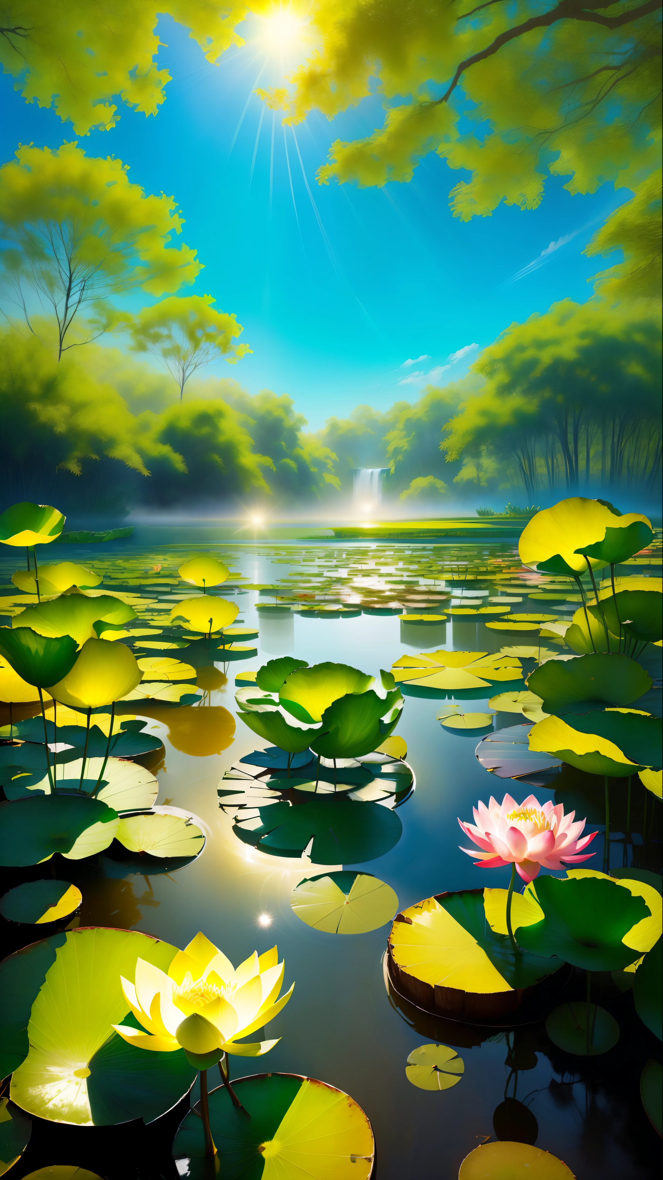 Masterpiece, exquisite, beautiful scenery deep in the lotus pond, (colourful, vivid, sunny, cool light: 1.2) lotus leaves in the pond. high quality high quality
