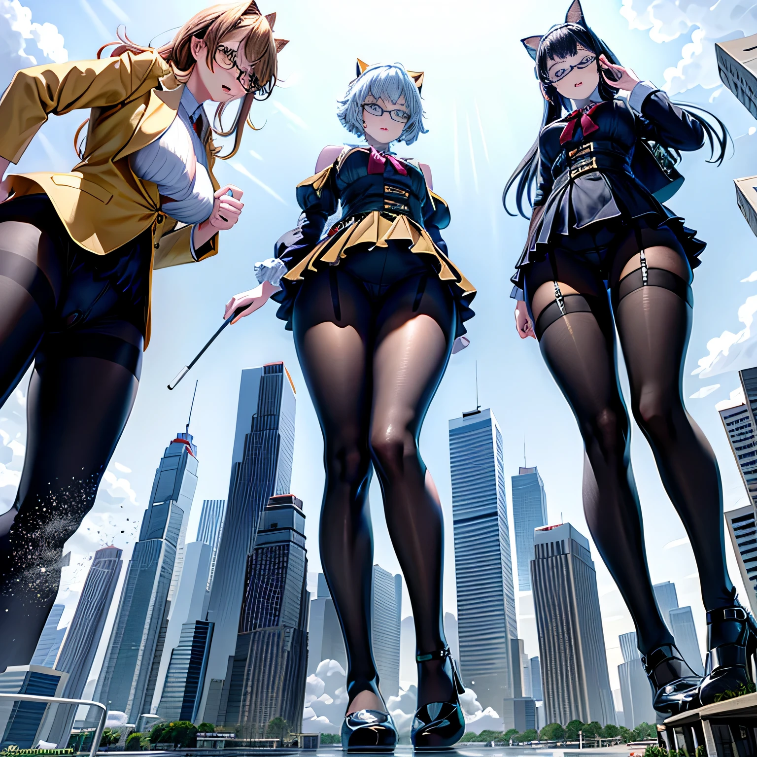 Multiple girls, der riese art, 非常に詳細なder rieseショット, der riese, Shorthair, Giant woman bigger than a skyscraper, Wearing rimless glasses, Colossal tits, Big ass, Underwear, lace bra, Lace panties, Black pantyhose, I can see my toes through my pantyhose, hands off shoes, very small metropolis, Trying to destroy a miniature metropolis, Full body depiction, nffsw, giga der riese, der riese, Black pantyhose, Stomping City,crash city,Small town,micro city,