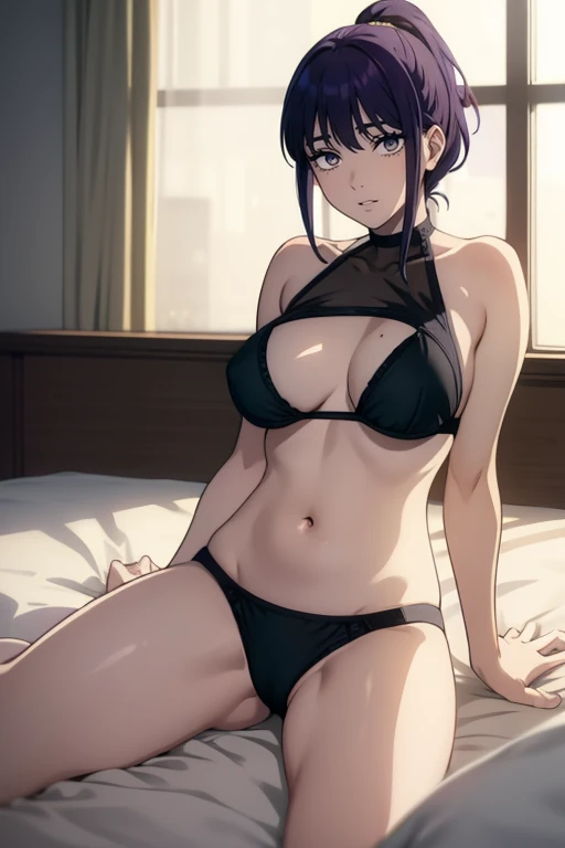 Hinata_hyuga, 1girl,  short hair, grey eyes
 big boobs, wearing purple bra panties, looking hot sexy, sitting on the bed, looking at viewer, highly detailed on eyes nose lips face, and beauty, looking at viewer, ponytail hair, beautiful eyes highly detailed on eyes, perfect eyes, and lips,  ((high quality))