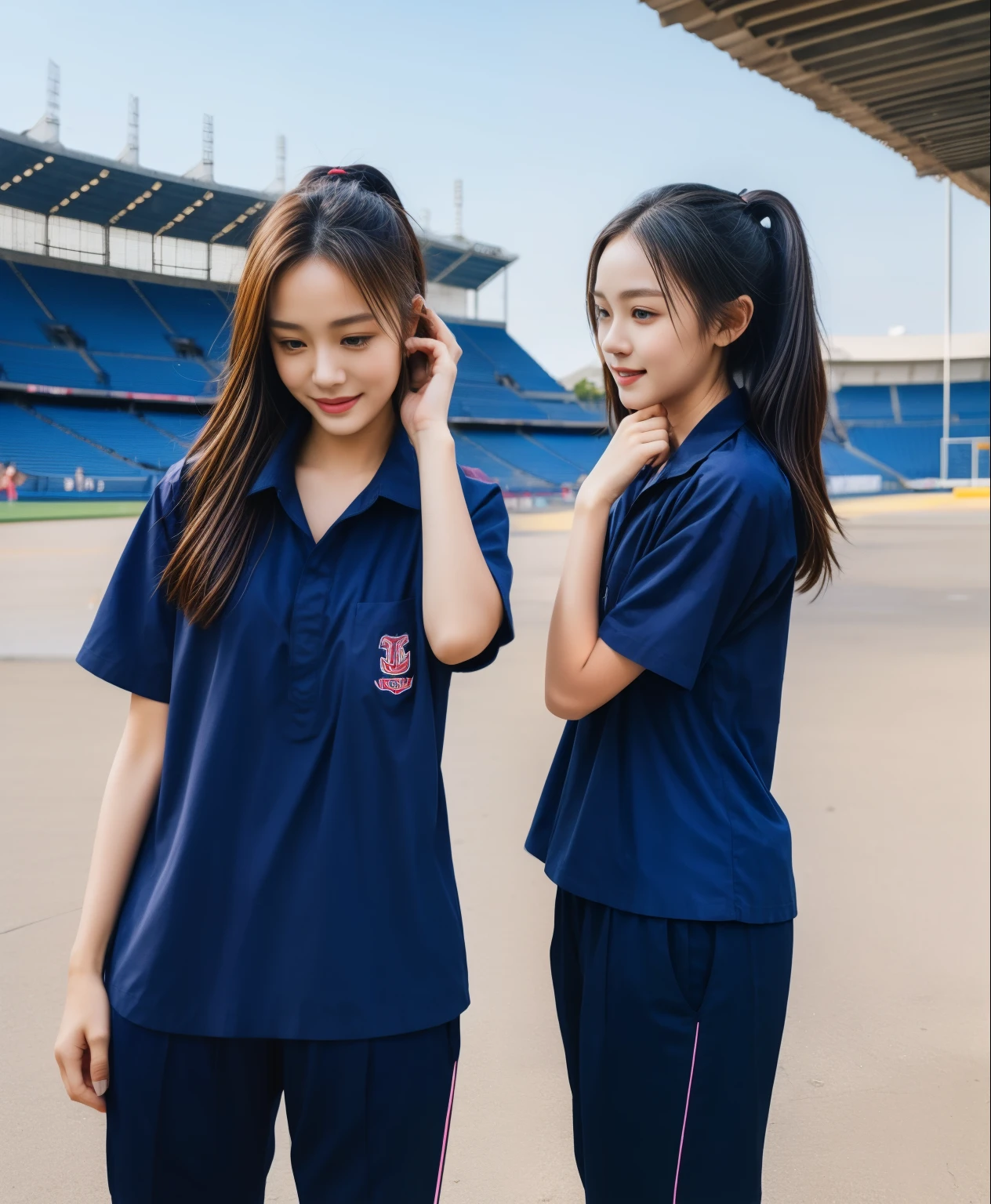 (bestquality,10,10,highres,masterpiece:1.2),ultra-detail,(Realistic,ภาพRealistic,photo-realistic:1.37),1 Cute girl in the football field,oily shiny skin,bara,light smile,BDclothelue shirt:1.3)),short sleeves,shirt, trousers.,(navy_long_ติดตามtrousers:1.1), ((Stadium Background:1.3)),dynamic angle,excited,face focus,Dynamic Poses,from behide,Ass Focus,masterpiece, bestquality, ultra realistic, hyper-detail, 8k resolution, RAW photo, crisp focus, ((Navy blue shirt:1.1)), short sleeves, เส้นทางlong, Complete bodyแบบ, 2 mature women, 18yo, cinematic light,trousersวอร์มสีน้ําเงิน,Gymware,Correct anatomy,Complete body, Correct body, sharp face, Correct bodyทางกายวิภาค, full entire body, Realistic gestures, long-haired, Realistic poses,Wear long shorts..............................,ช่วงขาlong,Shapely,Sculpting Girl, Slender Figure, mannequin mannequins, Shapely, Beautiful body,trousersวอร์มสีน้ําเงิน, Two girls kissing