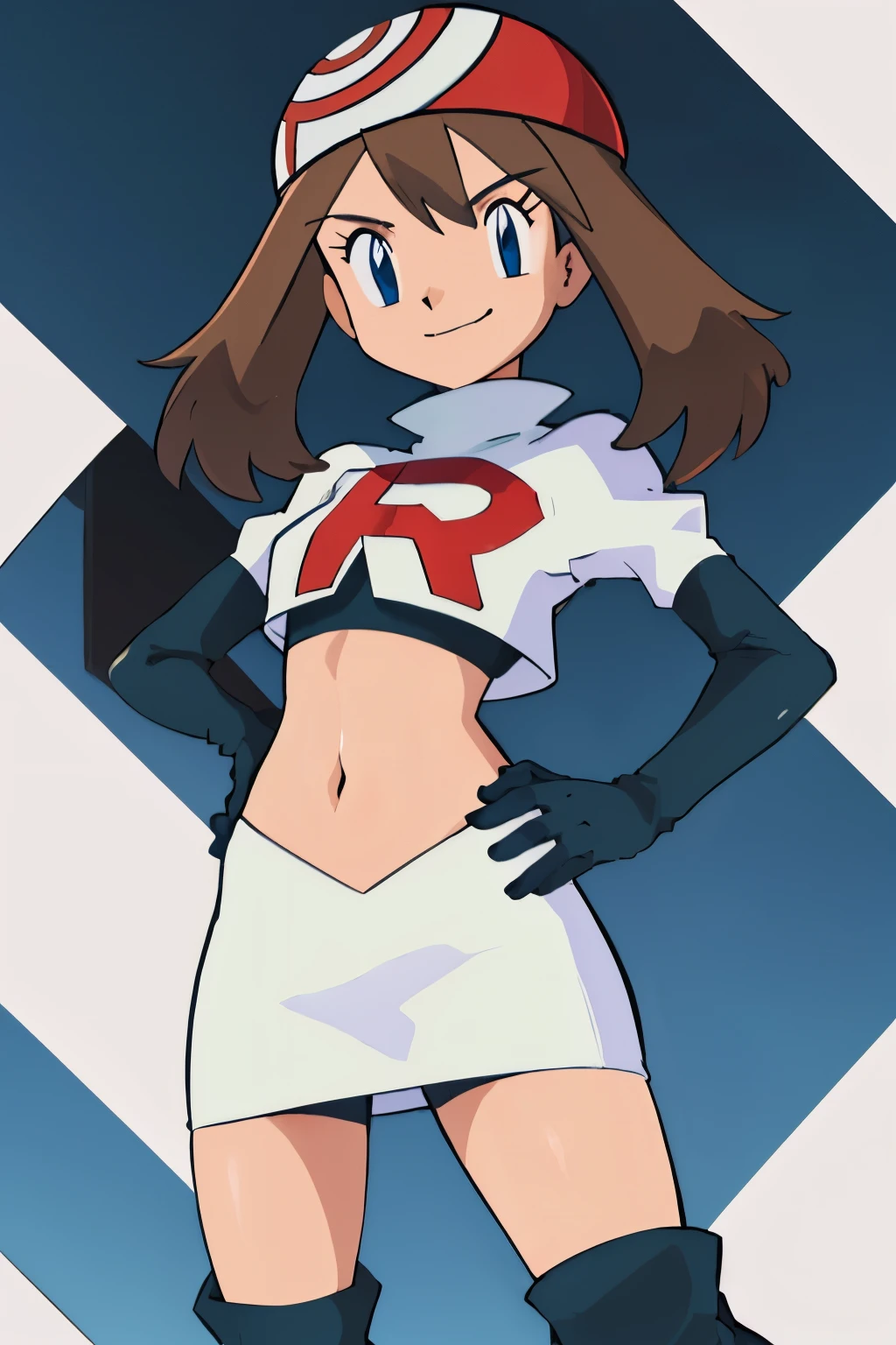 masterpiece, best quality, highres, outdoors, 1girl, solo, may (pokemon),  glossy lips ,team rocket uniform, red letter R, white skirt,white crop top,black thigh-high boots, black elbow gloves, evil smile, looking at viewer, cowboy shot