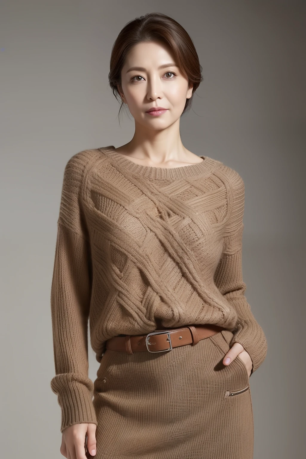 hight resolution, high-level image quality, high detailing, masterpiece, Textured skin, tre anatomically correct, sharp, greybackground((japanese mature, 50 years old)), 独奏, ((Wrinkles on the face)), large breasts with good shape, Straight light brown hair that reaches to the shoulders, chubby figure (((Stand upright, facing the center of the screen.))), Close your mouth and look straight ahead with a serious face, Sweaters, skirt by the, ((cowboy shot)),