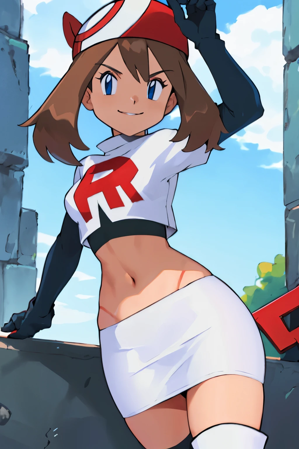 masterpiece, best quality, highres, outdoors, 1girl, solo, may (pokemon),  glossy lips ,team rocket uniform, red letter R, white skirt,white crop top,black thigh-high boots, black elbow gloves, evil smile, looking at viewer, cowboy shot