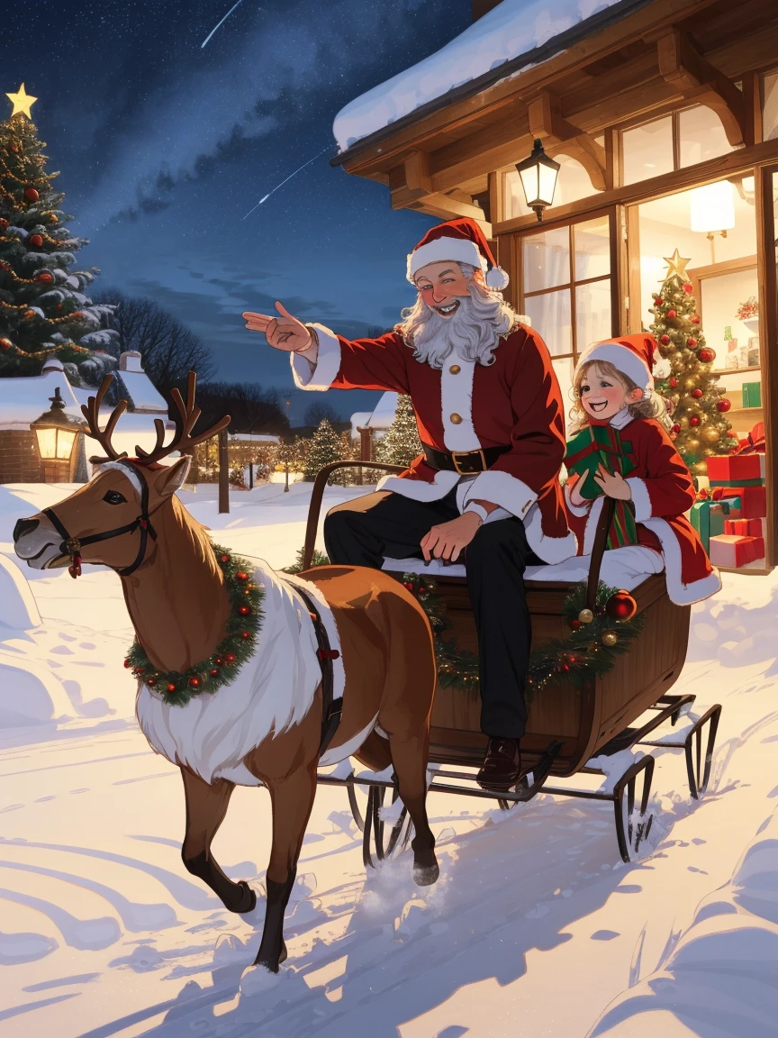(best quality,4k,8k,highres,masterpiece:1.2),ultra-detailed,(realistic,photorealistic,photo-realistic:1.37),santa claus,cheerful santa,smiling santa,wearing red and white suit,extremely detailed face and beard,long white beard,rosy cheeks,waving santa,standing in a snow-covered landscape,holding a bag full of gifts,with a sleigh and reindeer in the background,magical starry sky above,magical atmosphere,chimney smoke rising,beautifully decorated Christmas tree nearby,presents scattered on the ground,happy children playing in the snow,sparkling snowflakes falling gently,soft and warm glow from the street lamps,cozy and festive winter scene,vivid colors,rich textures,with a touch of nostalgia,holiday spirit,joyful celebration,traditional and timeless image,classic illustration style,inspired by vintage Christmas cards.