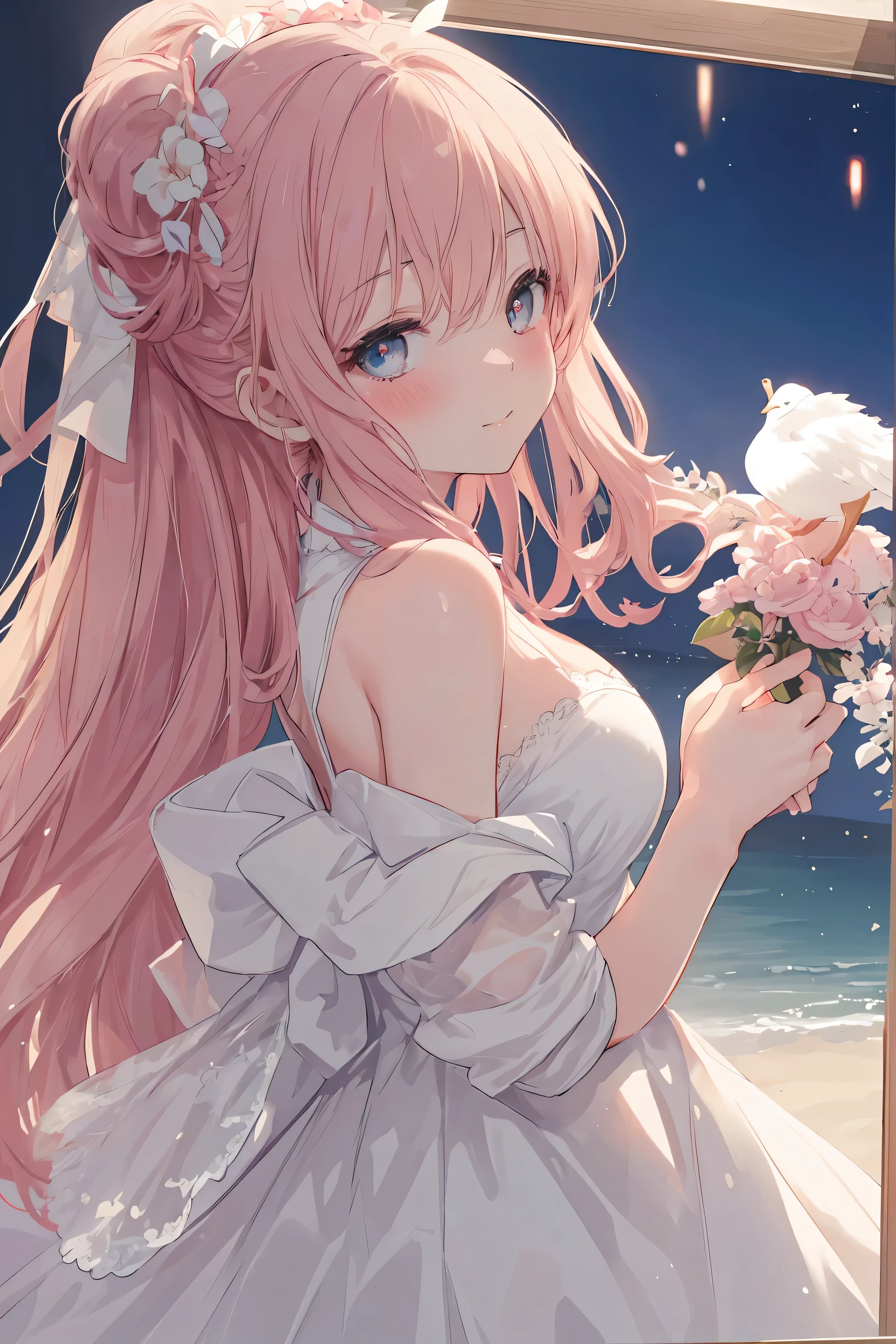 ((muste piece)), ((best quality))、best style、beautiful woman、The most beautiful woman in the world、A dress with flowers, a luxurious dress, dressed Beautiful Gowns, Floral Couture, fantasy dress, magic dress, wearing a wonderful dress, intricate gown, intricate dresses, brilliant pink ball gown, Pretty dresses, Beautiful Gowns, Flower dress, lady with glowing flowers dress, Wearing a pink ballroom gown, romantic dress, wearing a wonderful dress、pink eyes、pink hair、long hair、big breasts、detailed face、best style、smile