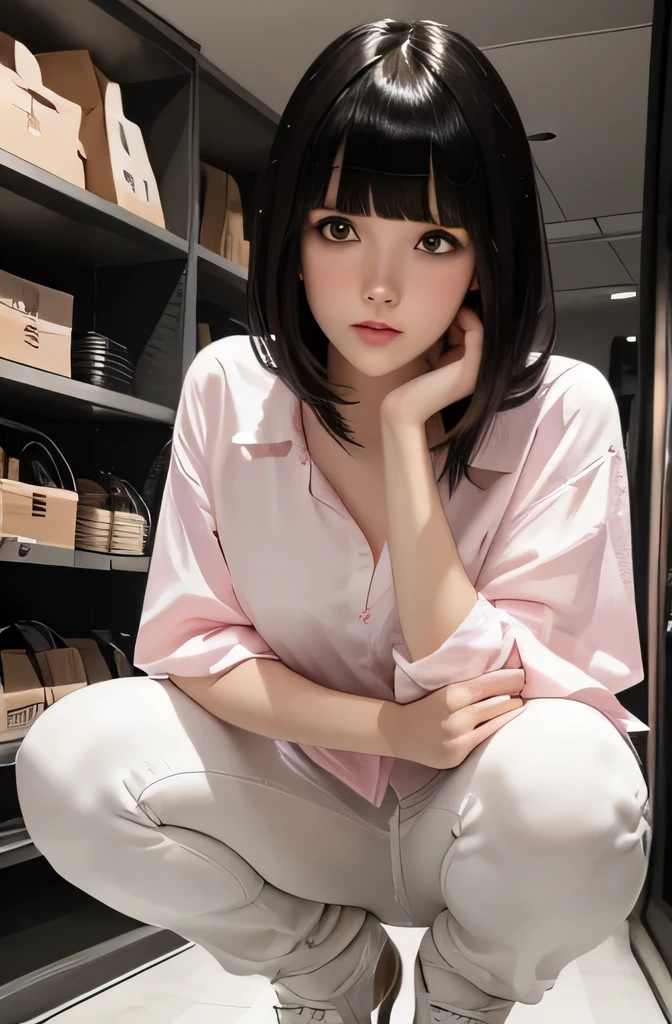 しゃがむMannequin1人(Beautuful Women Mannequin is 30 years old Mannequinの身長は165cmです. Mannequinの色'my face is white. Mannequinの色 body is pure white Mannequin has black hair(neck length straight hair bangss) Mannequin has a thin and long face Mannequinの色'lips are light pink. Mannequin'Eye color is black Mannequinはシャツを着ています)