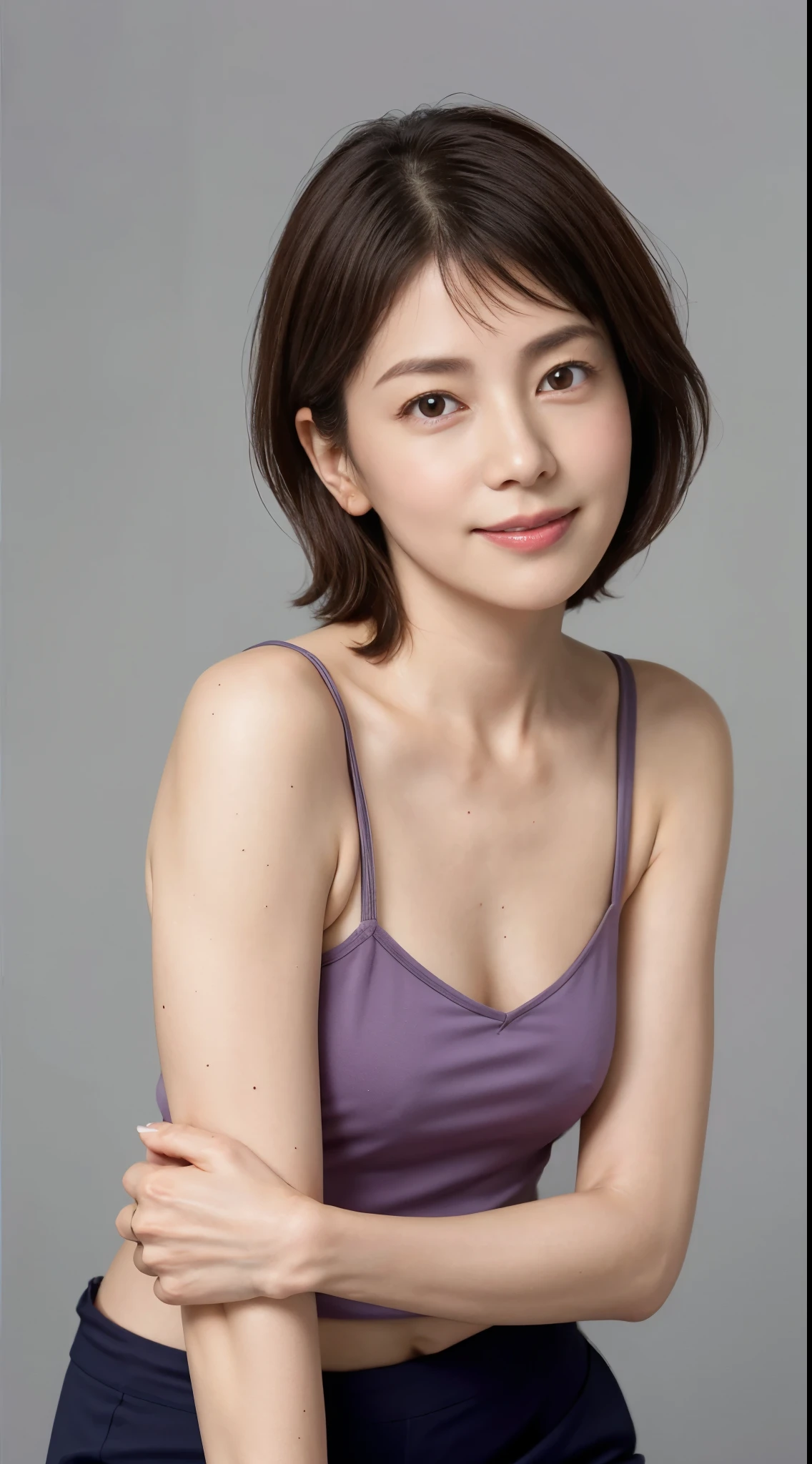 One Japan, petite physique, Ephemeral atmosphere, 50-year-old girl, Mature, with nasolabial fold, There are wrinkles at the corners of the eyes, Brown short bob hair, Smiling, Blue underwear on top and bottom, natural length arms, Photorealsitic, masutepiece, Best Quality, Detailed skin, Detailed eyes, ,8K, Good anatomy, Upper body portrait