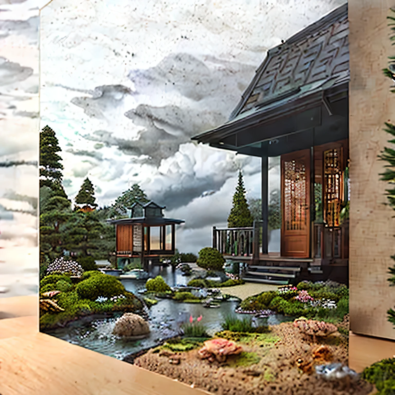 Micro landscape with gazebo,pineoat,Cloudy sky effect