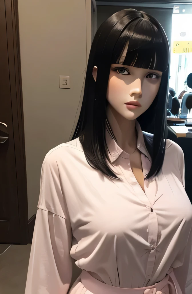 ラジオを聞いている 1 人のMannequin(Beautuful Women Mannequin is 30 years old Mannequinの身長は165cmです. Mannequinの色'my face is white. Mannequinの色 body is pure white Mannequin has black hair(neck length straight hair bangss) Mannequin has a thin and long face Mannequinの色'lips are light pink. Mannequin'Eye color is black Mannequinはシャツを着ています)
