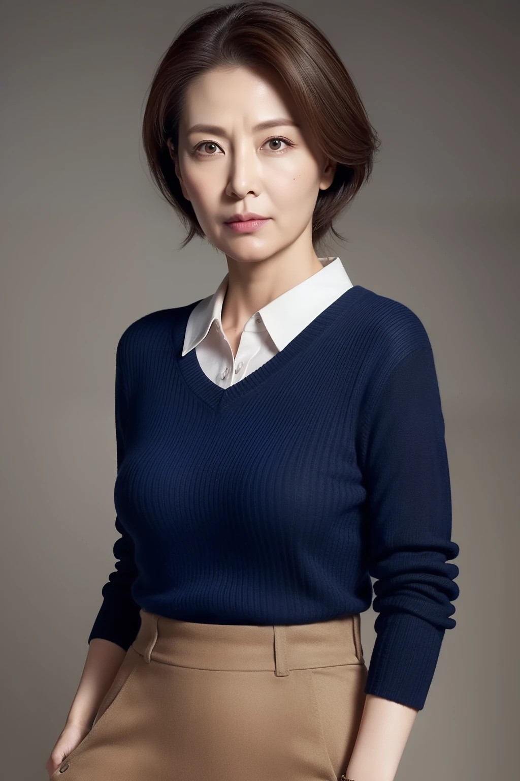 High resolution, High resolution, Attention to detail, masterpiece,(loose body), Anatomically correct, sharp, ((Japanese Mature)),(80 years old:1.3),((Facial wrinkles)),Sagging breasts,Fair skin, Dark Brown Hair,(Long Hair), bangs,(((Stand upright, facing the center))),Look at the photographer, Looking Ahead,(White blouse:1.4),(Tight Skirt:1.2),(Sitting),(Thighs:1.4),Inside the warehouse,(Serious expression),(old woman:1.2),Mature Housewife