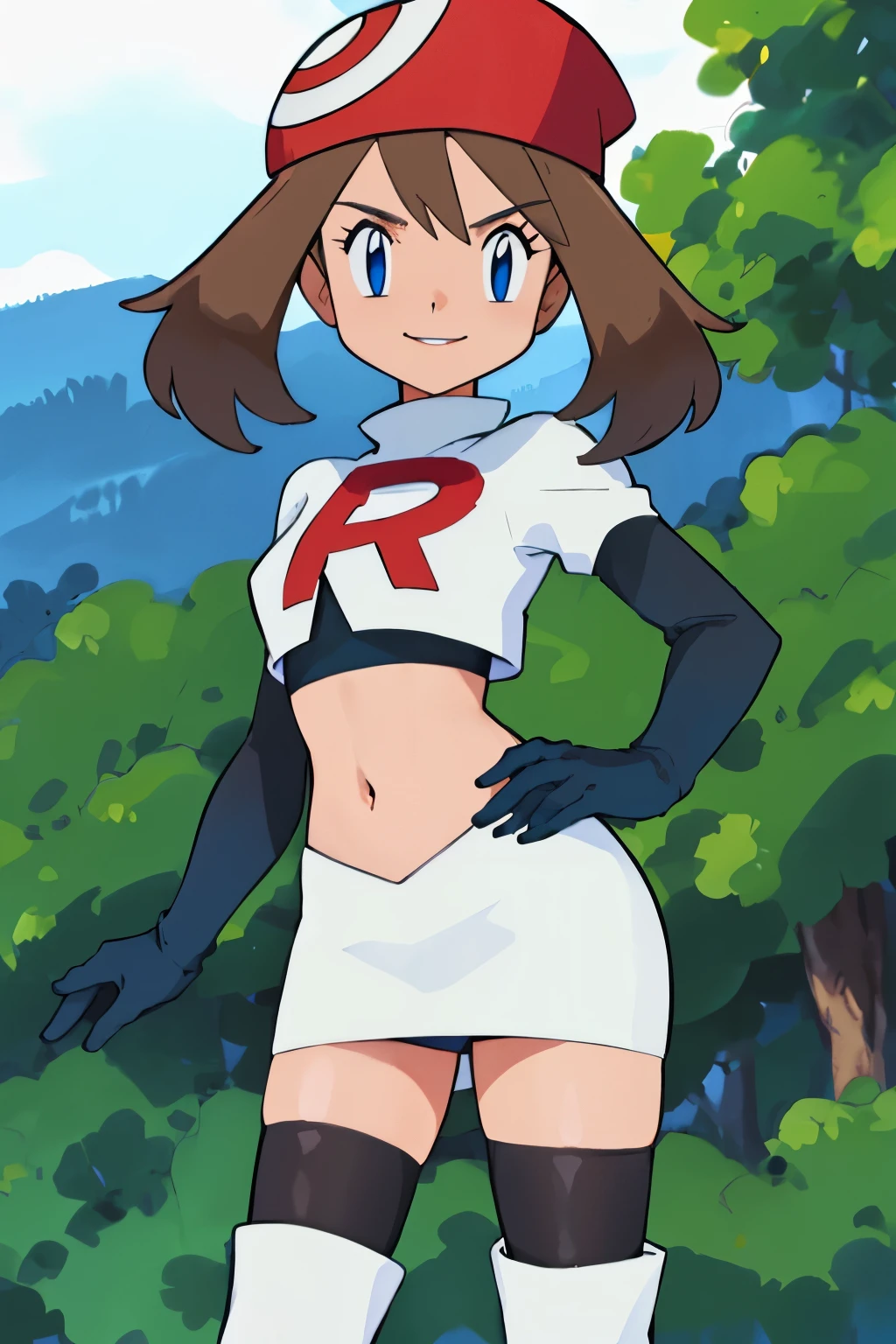 masterpiece, best quality, highres, outdoors, 1girl, solo, may (pokemon),  glossy lips ,team rocket uniform, red letter R, white skirt,white crop top,black thigh-high boots, black elbow gloves, evil smile, looking at viewer, cowboy shot