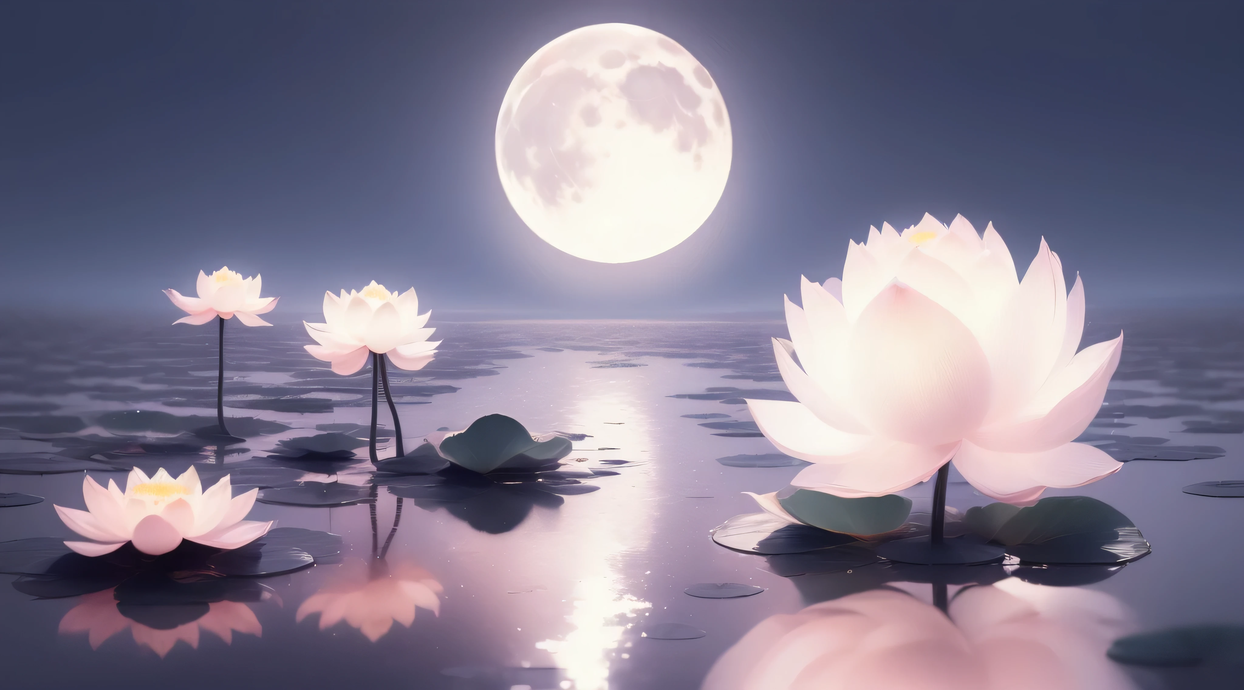 (((natta)))，(((the huge moon)))，Moonlight is reflected on the surface of the water，lotus flower，Huge pond，Faraway view，Wide world，inverted image，Water streaks