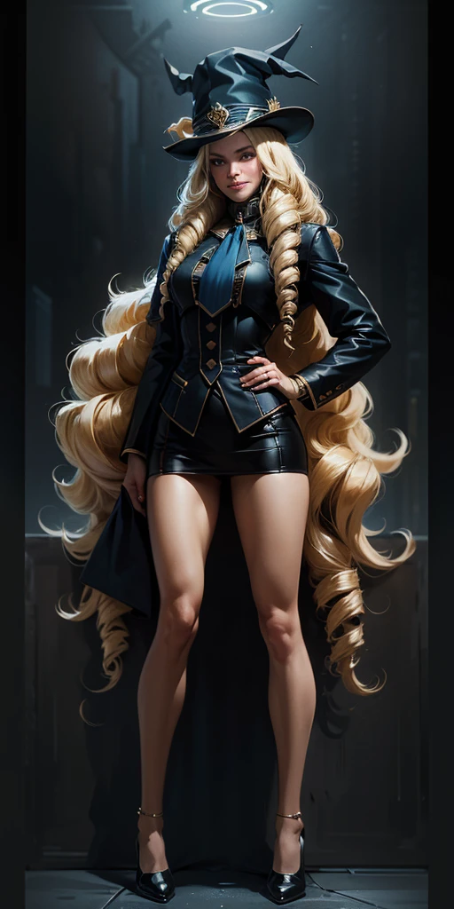 (4k, ultra high resolution, Prominence in Masterpiece, High Quality, Best Quality: 1.2) full body, 1child female, solo, 1girl, 1woman, lustful smirking smile blush, looking at viewer, sitting, blonde hair, long hair, (black jacket), beautiful and detailed face, detailed eyes, looking at the viewer, (grey theme), close jacket, (aesthetic clothings) hands on hips, wide hips, blonde long hair, blonde drill hair, blonde twin drills hair, blue wizard hat, Handcuffs on their hands, With a collar around the neck