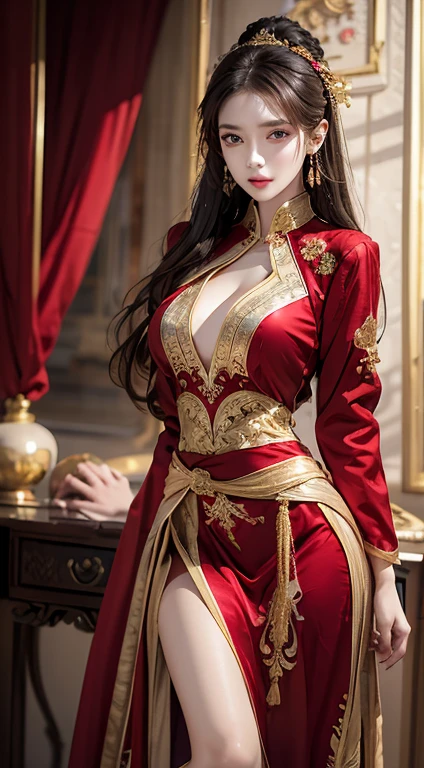 Photorealistic, High resolution, 1 woman, hips up high, Beautiful eyes, Long hair, The tattoo, Jewelry, Ringed Eyes, Red and gold dress, tiarra