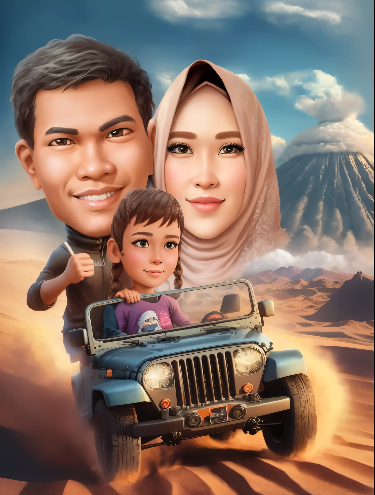 a cartoon picture of a family in a jeep in the desert, The girl sits in front, Mother driving wearing hijab, daughter smiling beside mother with braided hair, Mount Bromo background, an indonesian family portrait, cartoon digital painting, by Abidin Dino, caricature illustration, potrait, cartoon digital art, digital cartoon painting art, cartoon artstyle, digital art cartoon, cartoon art, caricature style, inspired by Rudy Siswanto, cartoon portrait, realism artstyle, in cartoon style