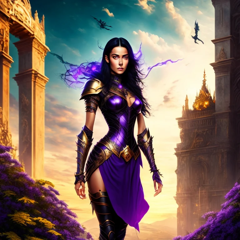 (masterpiece, best quality),1girl with long purple-black hair standing on the edge of a sky scraper, swedish face with sharp features, warm lighting,  glowing purple eyes, golden-tan skin,detailed-beautiful eyes,gothic fantasy armour