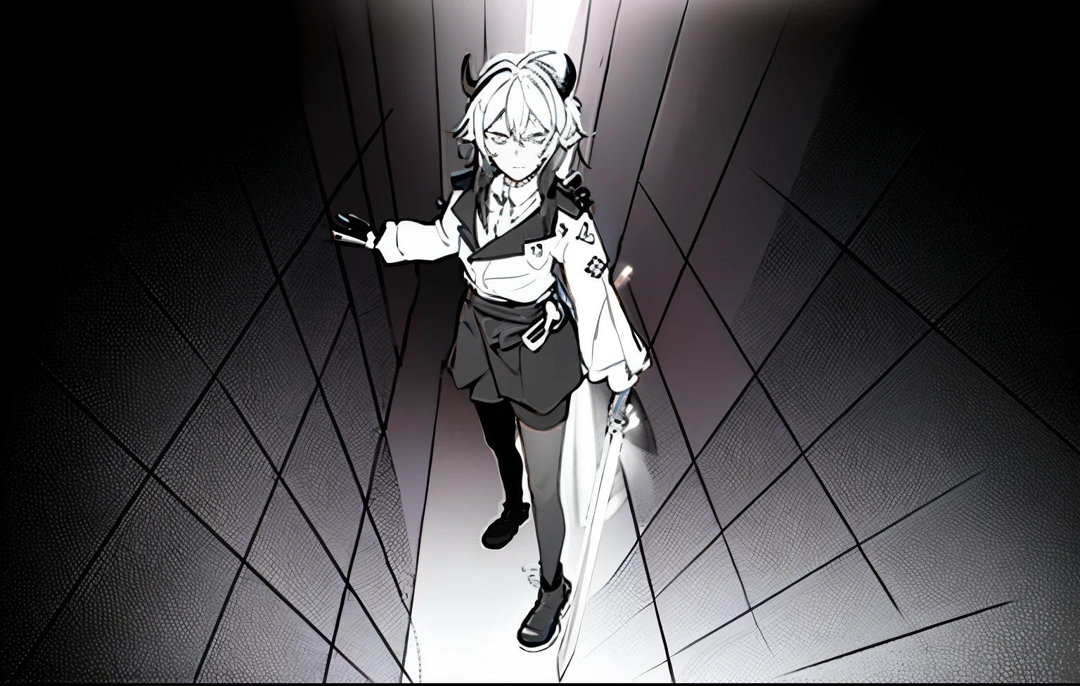 Anime boy wearing skirt holding sword in hand, Clean anime silhouette, clean line art, line art, bold line art, thick line art, intense line art, sharp line art, perfect line art, line art, line art!!, variable line art, thick black line art, Line!!, heavy line art, Thick silhouette
