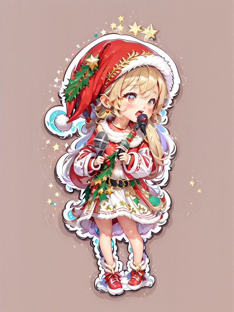 (sticker:1.5), ((1 cute Christmas girl wearing a Santa hat)，((singing with a microphone)), (((Many syllable symbols floating in the air)))，Christmas elements，清晰的线条，clean backdrop，white backgrounid