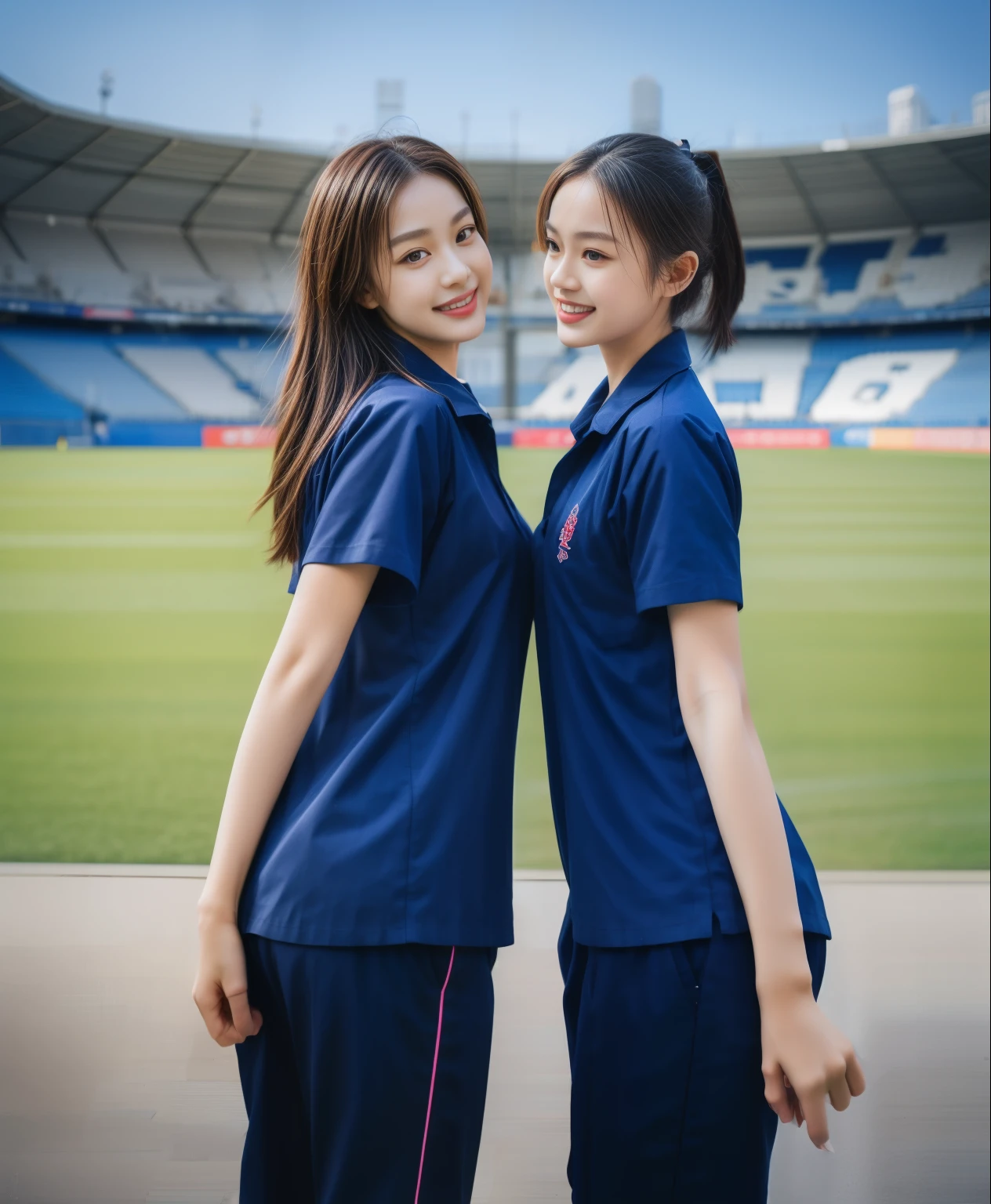(bestquality,10,10,highres,masterpiece:1.2),ultra-detail,(Realistic,ภาพRealistic,photo-realistic:1.37),1 Cute girl in the football field,oily shiny skin,bara,light smile,BDclothelue shirt:1.3)),short sleeves,shirt, trousers.,(navy_long_ติดตามtrousers:1.1), ((Stadium Background:1.3)),dynamic angle,excited,face focus,Dynamic Poses,from behide,Ass Focus,masterpiece, bestquality, ultra realistic, hyper-detail, 8k resolution, RAW photo, crisp focus, ((Navy blue shirt:1.1)), short sleeves, เส้นทางlong, Complete bodyแบบ, 2 mature women, 18yo, cinematic light,trousersวอร์มสีน้ําเงิน,Gymware,Correct anatomy,Complete body, Correct body, sharp face, Correct bodyทางกายวิภาค, full entire body, Realistic gestures, long-haired, Realistic poses,Wear long shorts..............................,ช่วงขาlong,Shapely,Sculpting Girl, Slender Figure, mannequin mannequins, Shapely, Beautiful body,trousersวอร์มสีน้ําเงิน, Two girls kissing