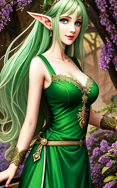 A beautiful woman in a flowing green dress, long wavy hair, detailed facial features, elegant pose, standing in a lush garden with colorful flowers, sunlight filtering through the trees, cinematic lighting, vibrant colors, intricate details, photorealistic, 8K, masterpiece, (best quality,4k,8k,highres,masterpiece:1.2),ultra-detailed,(realistic,photorealistic,photo-realistic:1.37),HDR,UHD,studio lighting,ultra-fine painting,sharp focus,physically-based rendering,extreme detail description,professional,vivid colors,bokeh,portrait