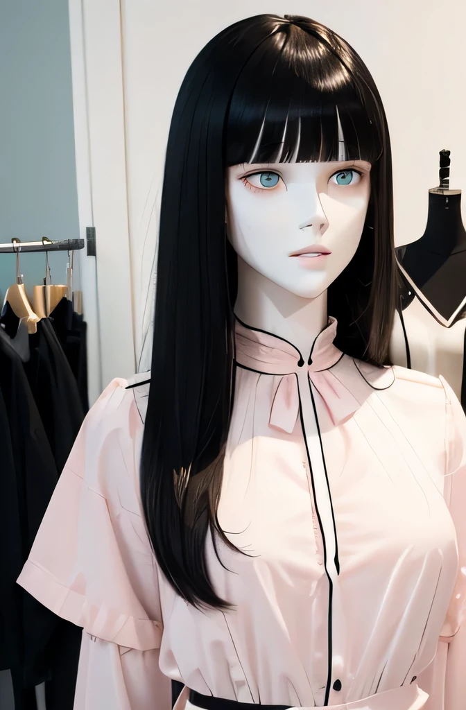 A very white mannequin(30-years old Wearing long sleeves Black straight hair Bangs Patsun elongated face) computer deep kiss