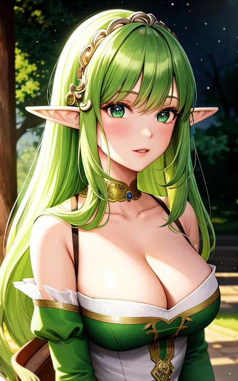 A green hair、French and German image of woman in green dress, portrait of very beautiful elf, Elf Girl, A portrait of an elf, a A portrait of an elf, Elf Princess, Beautiful wood elves, beautiful and elegant female elf, A portrait of an elf queen, fantasy art style, Elf Princess, Very detailed ArtGerm, beautiful Elf Princess