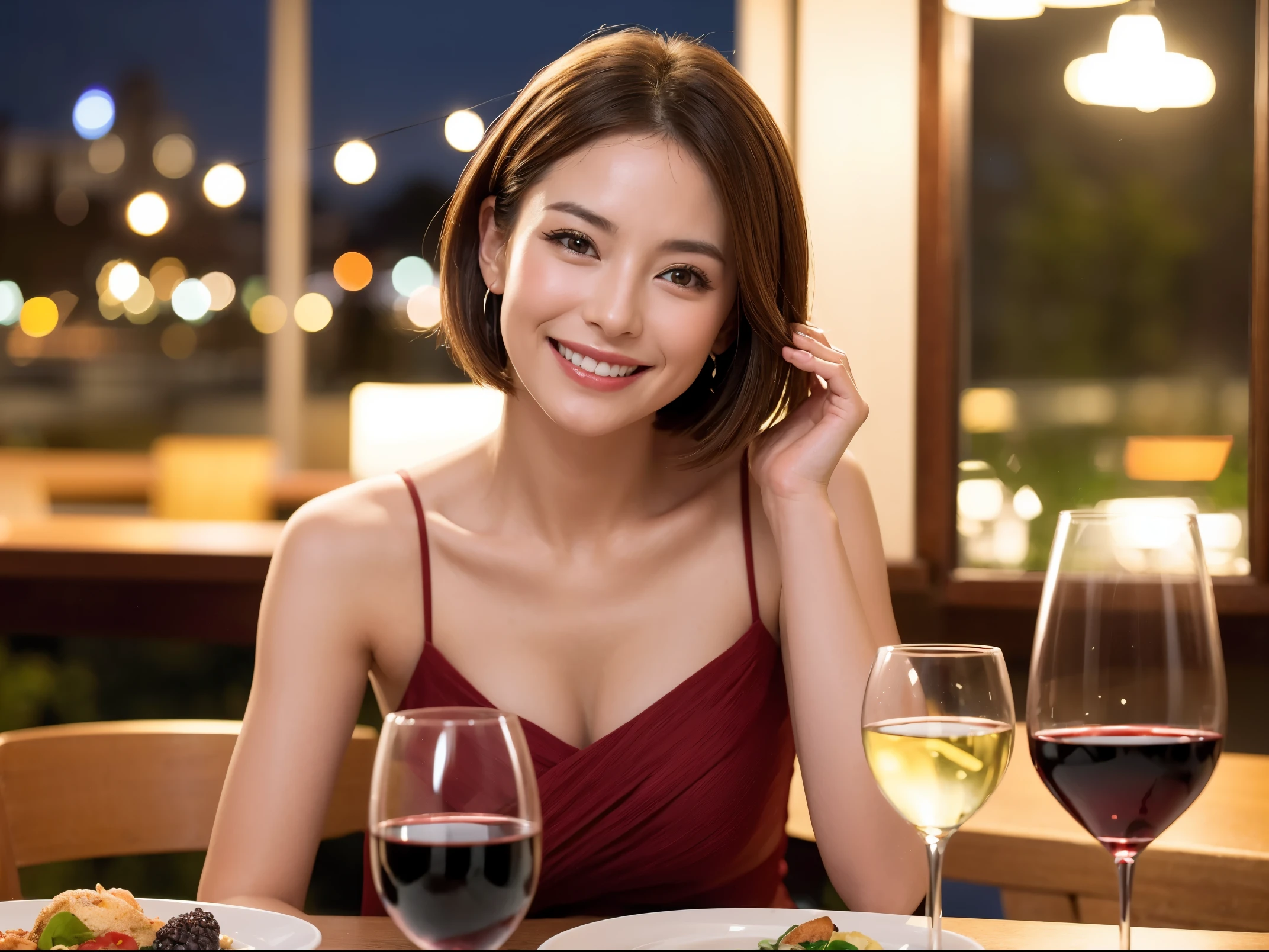 (64k uhd, nffsw, of the highest quality, masutepiece: 1.2), (Realistic, Photorealistic: 1.37), Pretty Woman 1, (Slim Face), (slimボティ), (Brown hair), (short-cut), Dutchman、Americana、Frenchman、cheeks blush a little, (40 years old), 38 years, Solo, A beautiful and detailed night view spreads out outside the window........, restaurant, wine glassesに座って, At night, In a prominent place (from waist up) NovaFrogStyle, actress, Model, waist-up, white wine, slim, wine glasses, Super clean night view, 真ん中に置かれたwine glasses, Happy smile, (Smile: 1.15), Beautiful fine eyes, Upper body, Bust Japan Up, Night, Short, Short, actress, Model, waist-up, white wine, slim, wine glasses, Super clean night view, 真ん中に置かれたwine glasses, Happy smile,