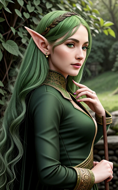A green hair、French and German image of woman in green dress, portrait of very beautiful elf, Elf Girl, A portrait of an elf, a A portrait of an elf, Elf Princess, Beautiful wood elves, beautiful and elegant female elf, A portrait of an elf queen, fantasy art style, Elf Princess, Very detailed ArtGerm, beautiful Elf Princess