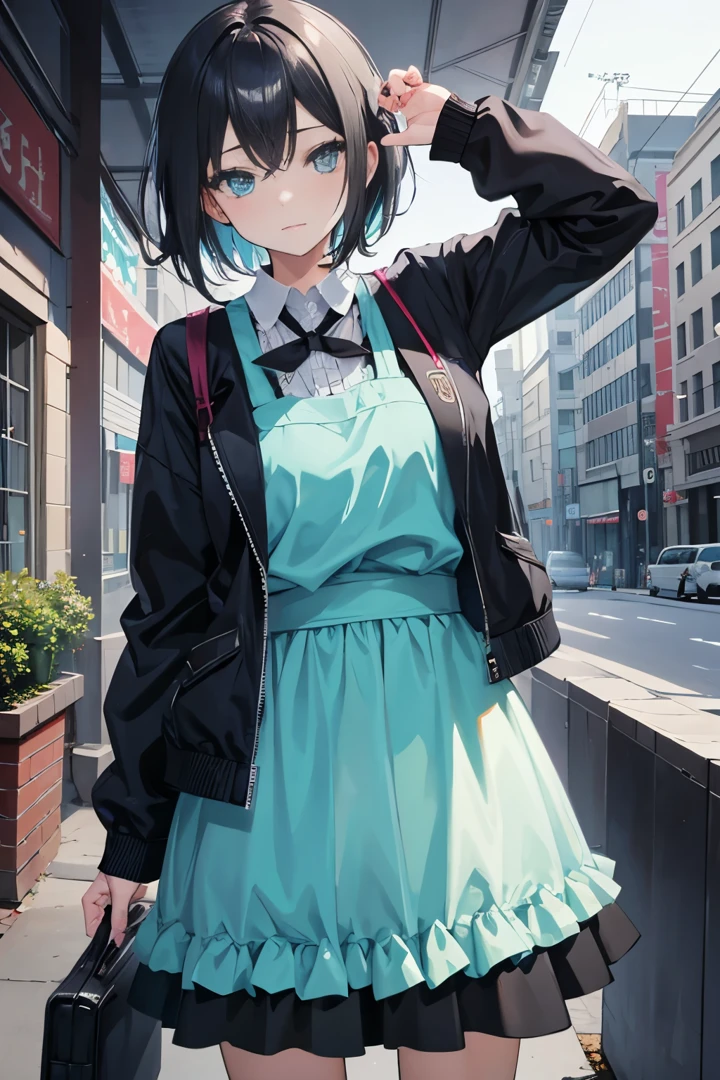 (masutepiece:1.2, Best Quality),  [1 girl in, expressioness, (Turquoise eyes;1.3), front facing, jet-black hair, half short cut hair,straight hair, Jacket is taken off, Cafe Apron,black frill skirt,] cowboy shot,