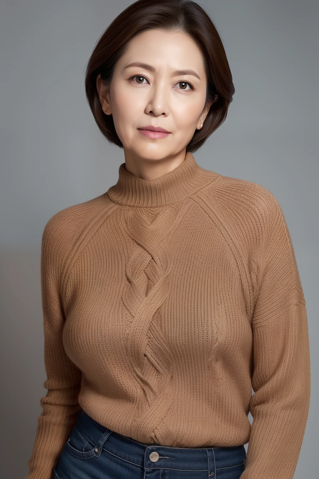 hight resolution, high-level image quality, high detailing, ​masterpiece, Textured skin, tre anatomically correct, sharp, greybackground((japanese mature, sixty years old)), 独奏, ((Wrinkles on the face)), large breasts with good shape, Straight light brown hair that reaches to the shoulders, chubby figure (((Stand upright, facing the center of the screen.))), Close your mouth and look straight ahead with a serious face, Sweaters, skirt by the, ((cowboy  shot)),