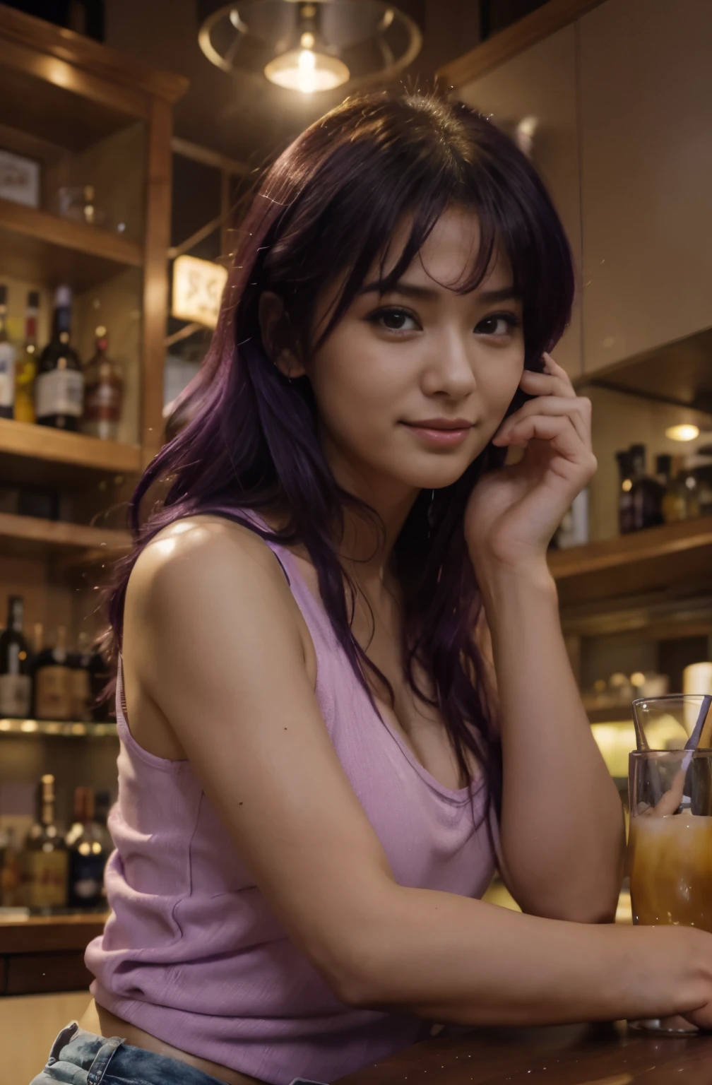 (best quality, highres), portrait of Misato Katsuragi, Purple medium purple Hair, Mixed Beautiful Pretty 28 years old Japanese babe, big beautiful detailed eyes, intense gaze, beautiful lips, yellow see through tank top, short jeans pants, combine realism and beautiful anime influenced, confident looks, smiling, at bar