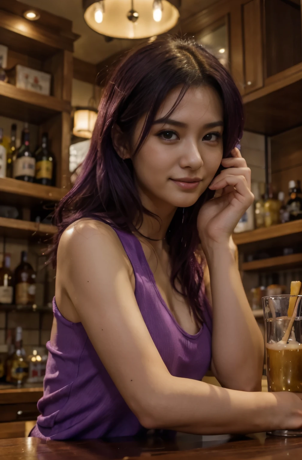 (best quality, highres), portrait of Misato Katsuragi, Purple medium purple Hair, Mixed Beautiful Pretty 28 years old Japanese babe, big beautiful detailed eyes, intense gaze, beautiful lips, yellow see through tank top, short jeans pants, combine realism and beautiful anime influenced, confident looks, smiling, at bar