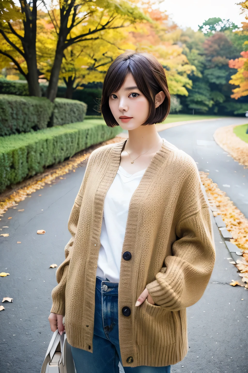 23 years old beautiful japanese girl, neat autumn fashion, short hair,