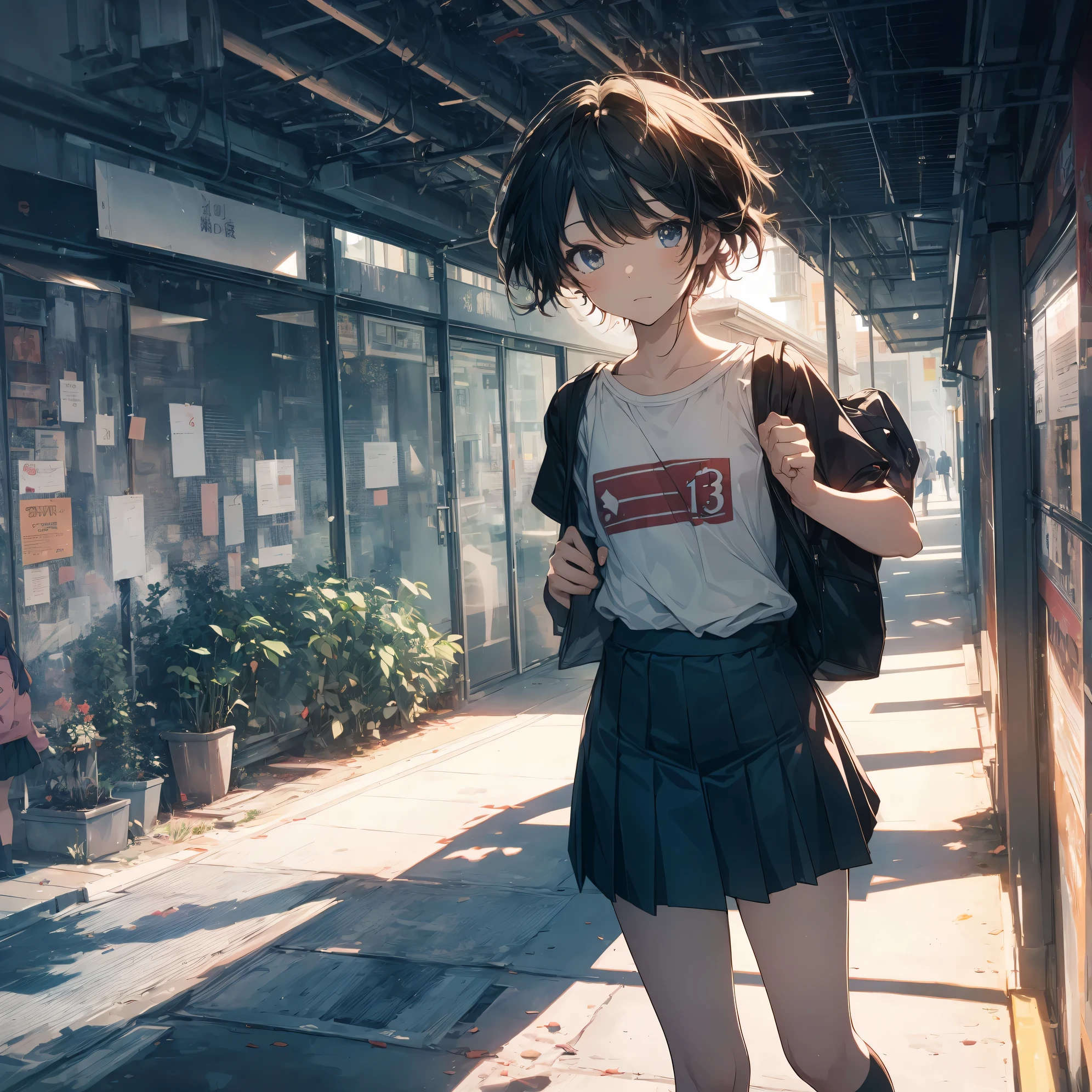 Super high quality by the art god, Ultra-detailed, High resolution, ilya kuvshinov style, anime moe art style, best anime 8K konachan wallpaper, Pixiv Contest Winner, Perfect Anatomy, BREAK,(Please draw a sleepy girl going to school alone.. ),BREAK,a hyperrealistic schoolgirl, (Solo,Lori,child,13years:1.3),Full limbs, complete fingers,a junior high school student, Androgynous attraction, (Very short hair), hair messy, flat chest, Small butt, groin, Small eyes,Beautiful detailed black eyes, Well-proportioned iris and pupils, disgusted eye, High resolution detailed hair, School uniform, Skirt, On the way to school. BREAK,Ultra-detailed細なスキン, Best lighting by famous artists, 8K,Cute illustration,